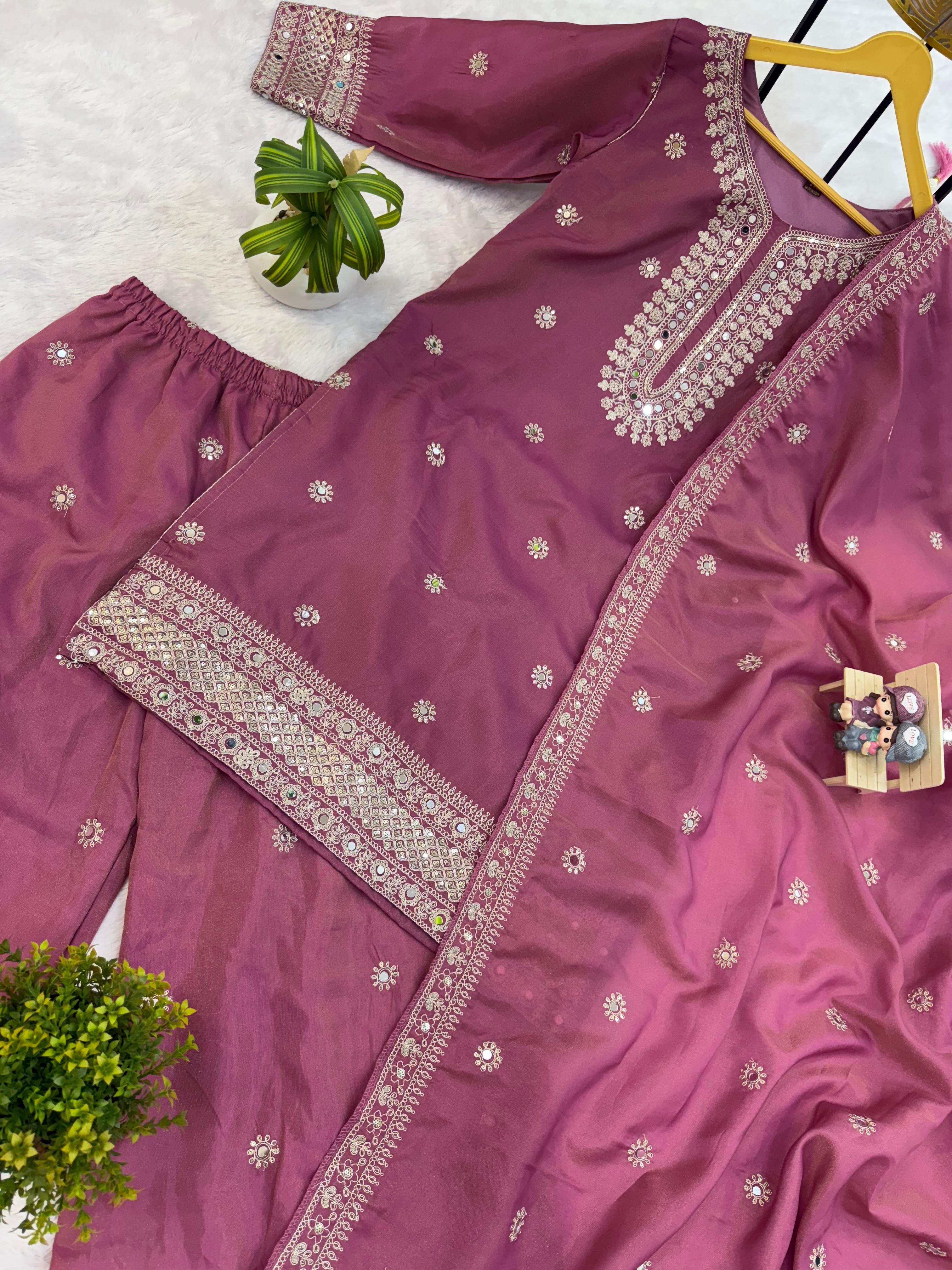 Trendy Pink Simmer Embroidery Work Palazzo Suit