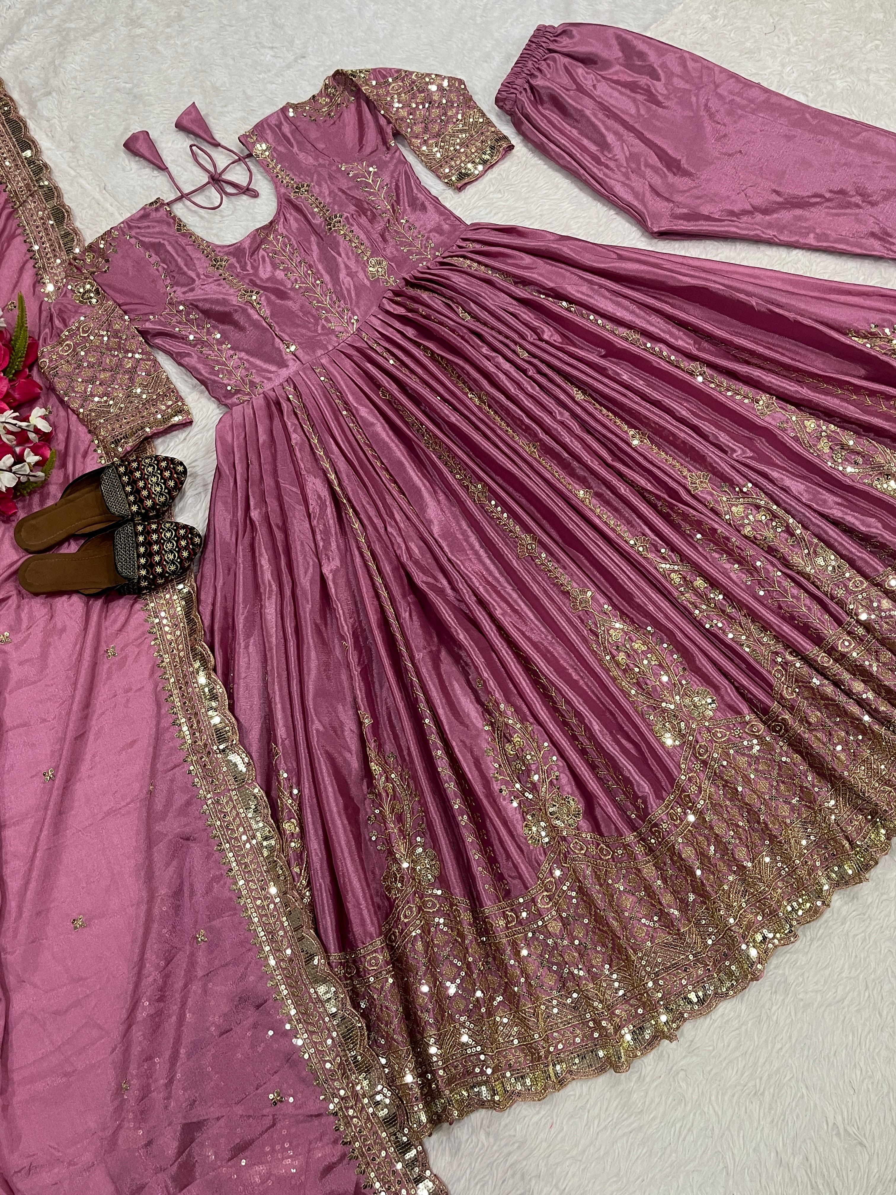 Stylish Onion Color Embroidery Work Anarkali Suit