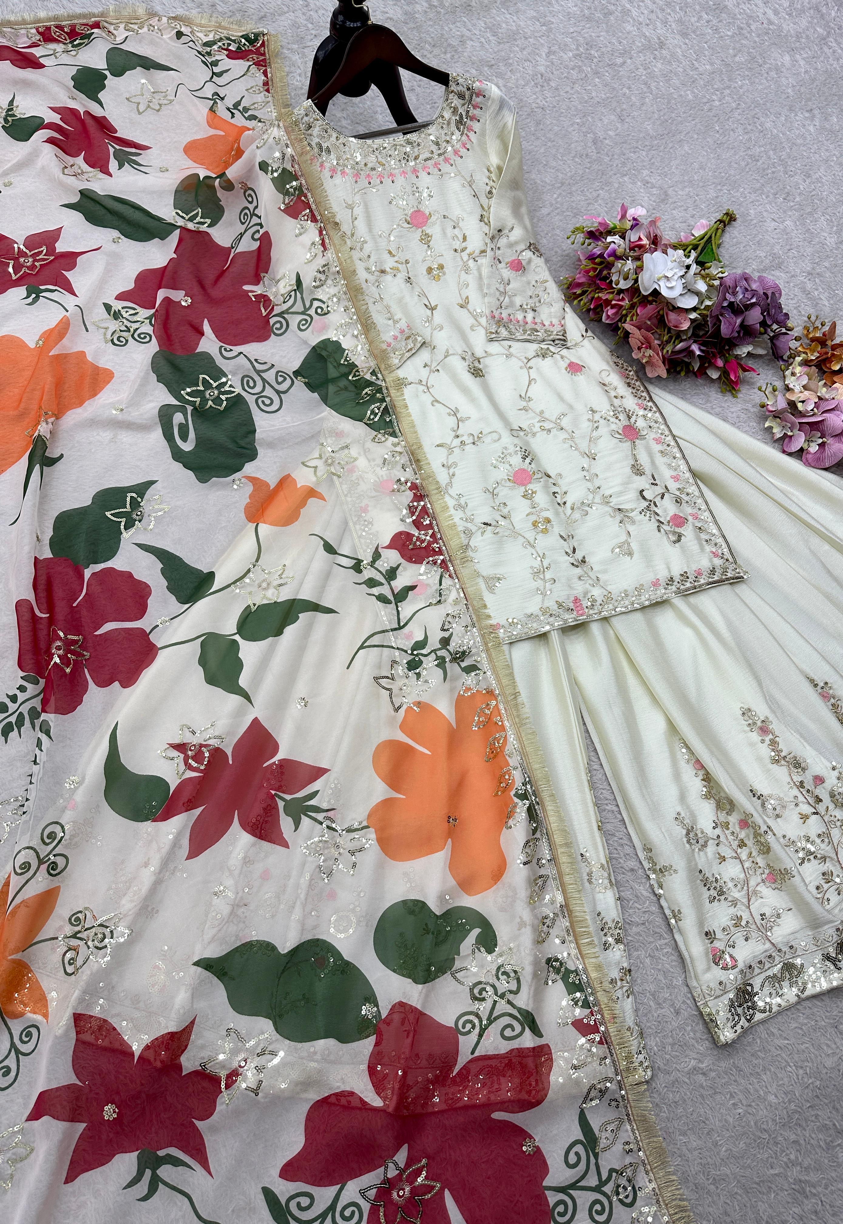 Designer White Chinon Silk Sequence Work Sharara Suit