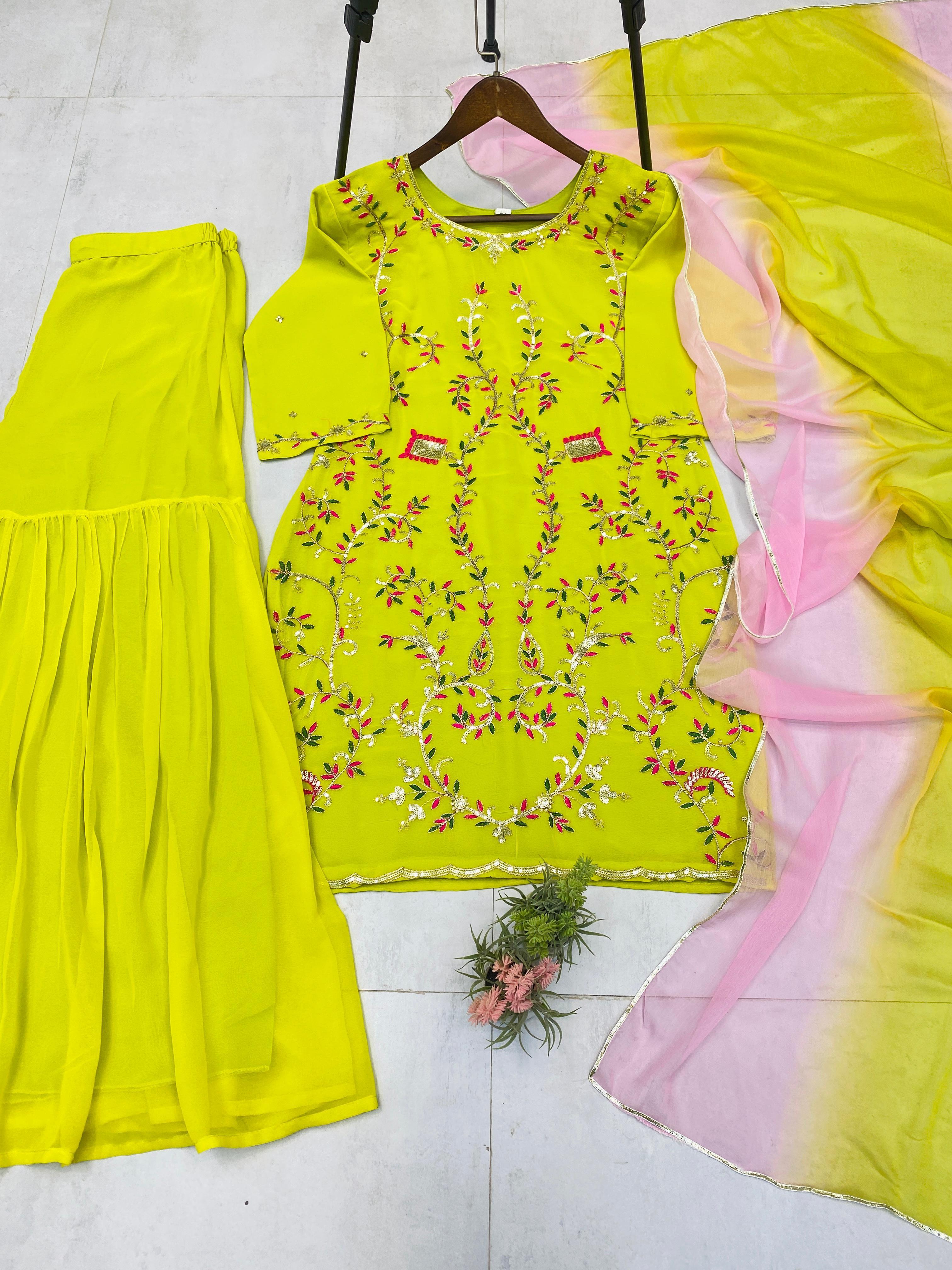 Graceful Lemon Color Sequence Work Georgette Sharara Suit