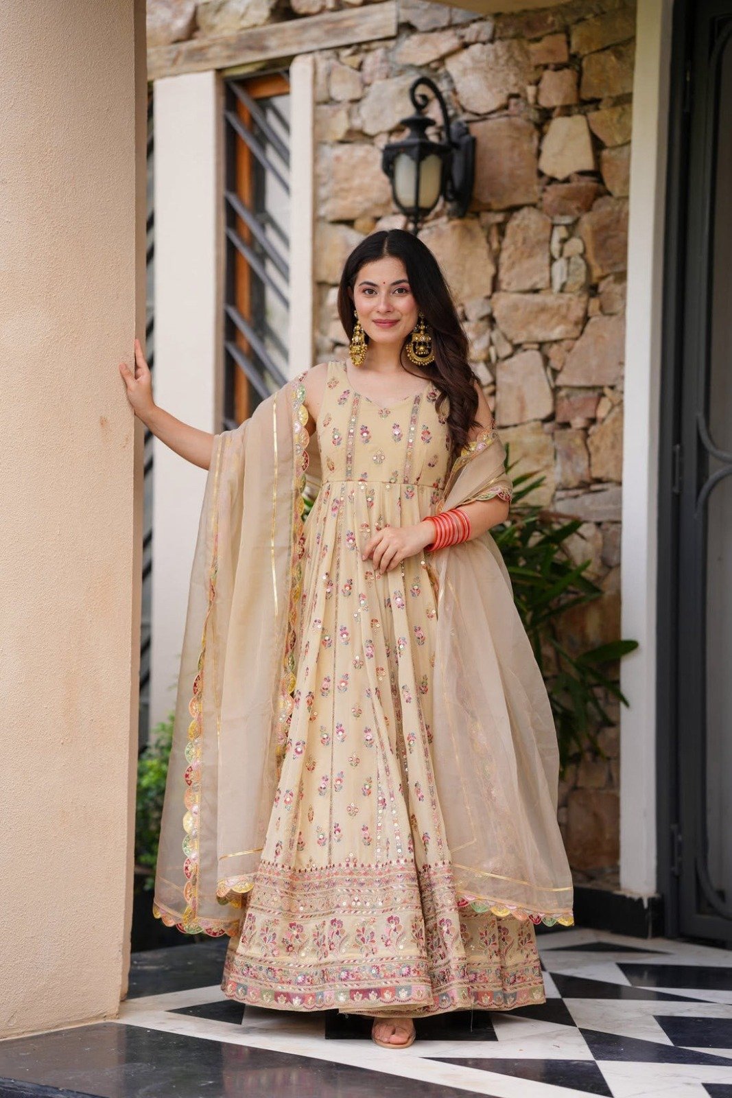 Stylish Pista Simmer Embroidery Work Gown