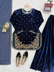 Lovely Blue Velvet with Sequence Work Plazo Suit