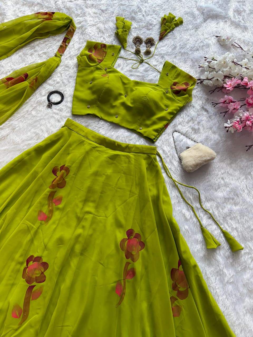 Alluring Green Color Georgette Hand Painted Lehenga
