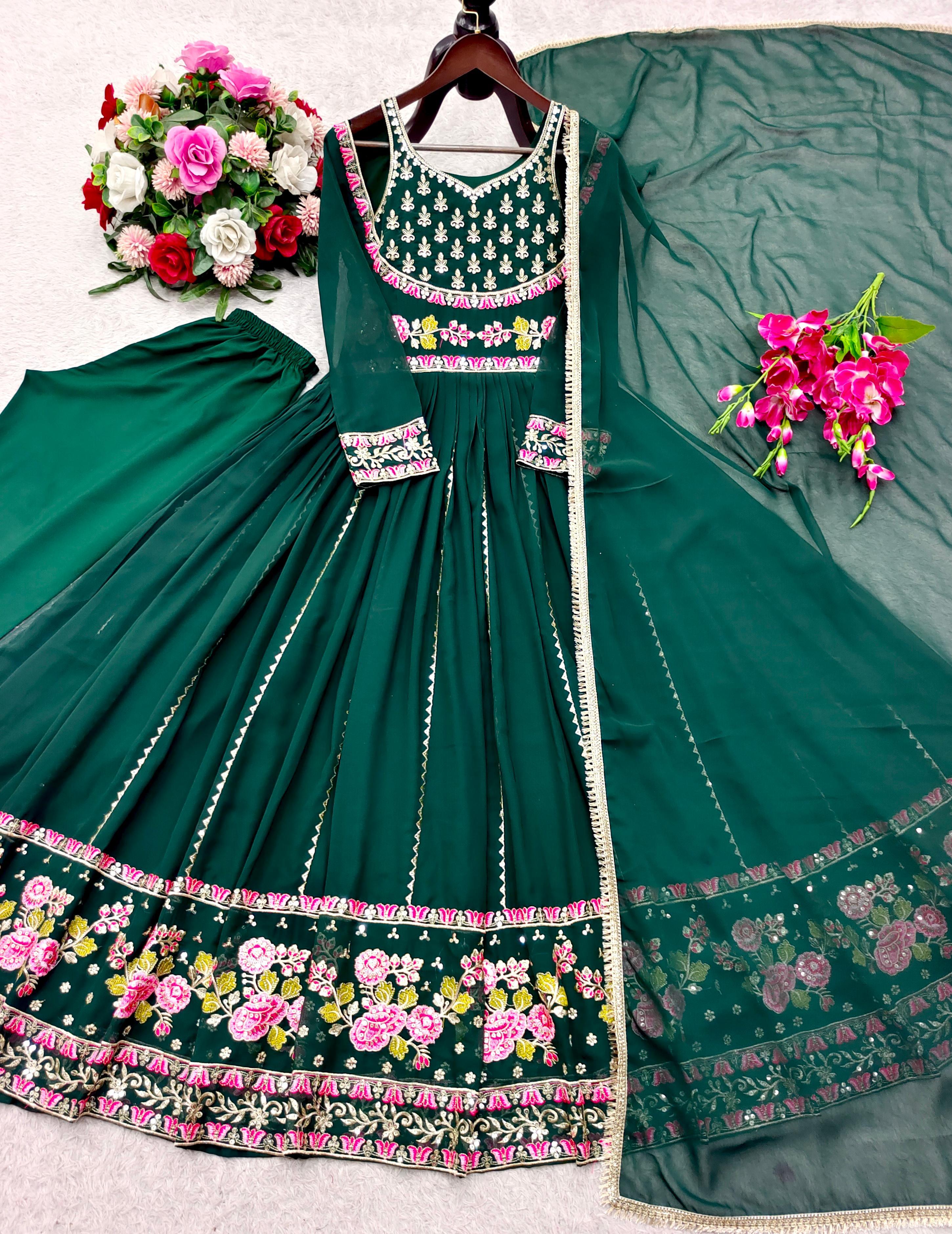 Beautiful Green Georgette Embroidered Designer Gown