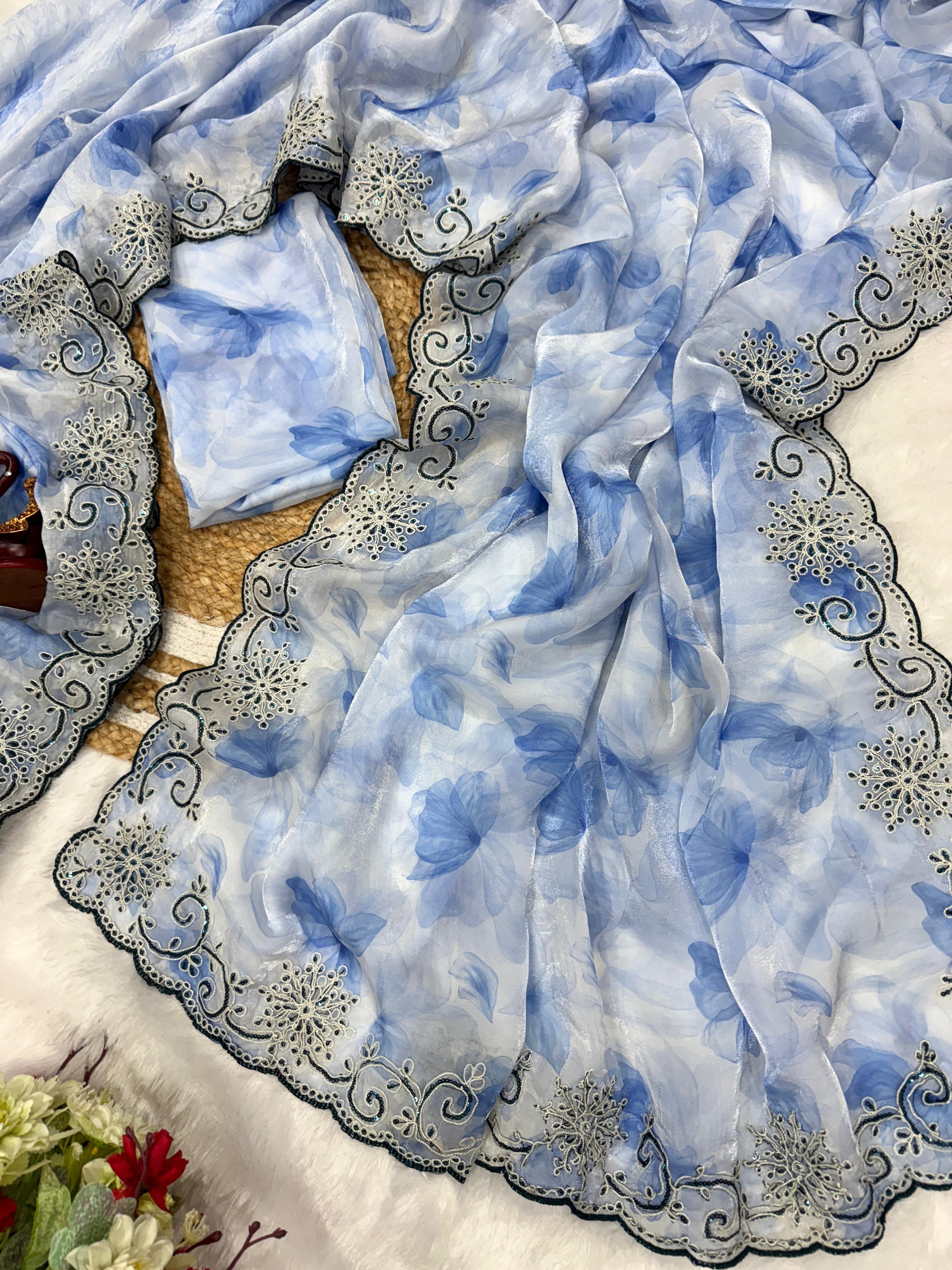 Ravishing Sky Blue Color Embroidery Work Silk Saree