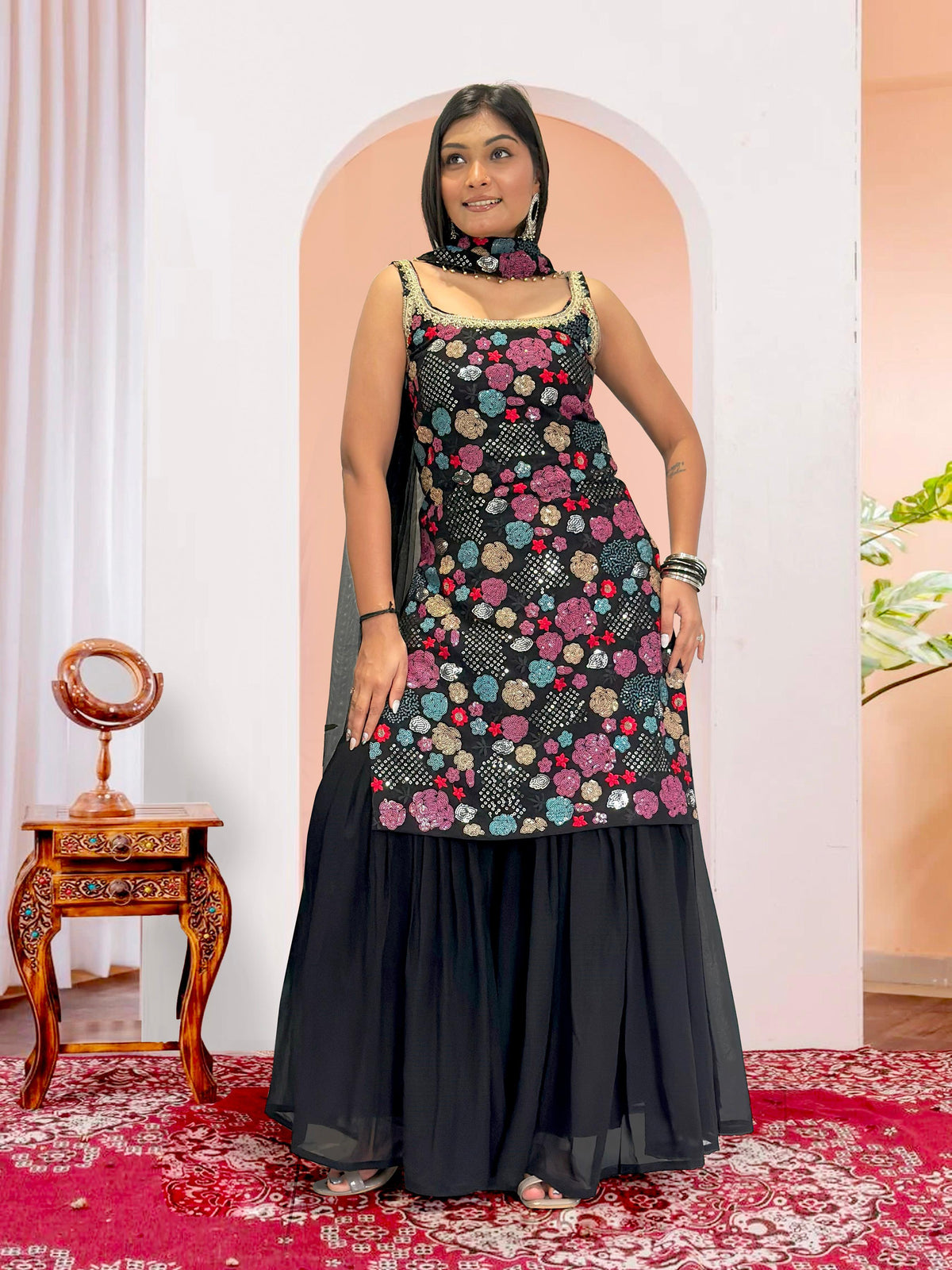 Marvelous Black Georgette Sequence Work Sharara Suit