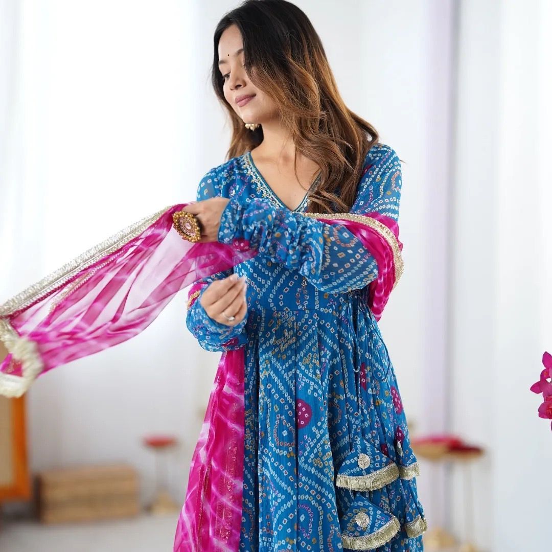 Trendy Blue Georgette Embroidery Work Gown