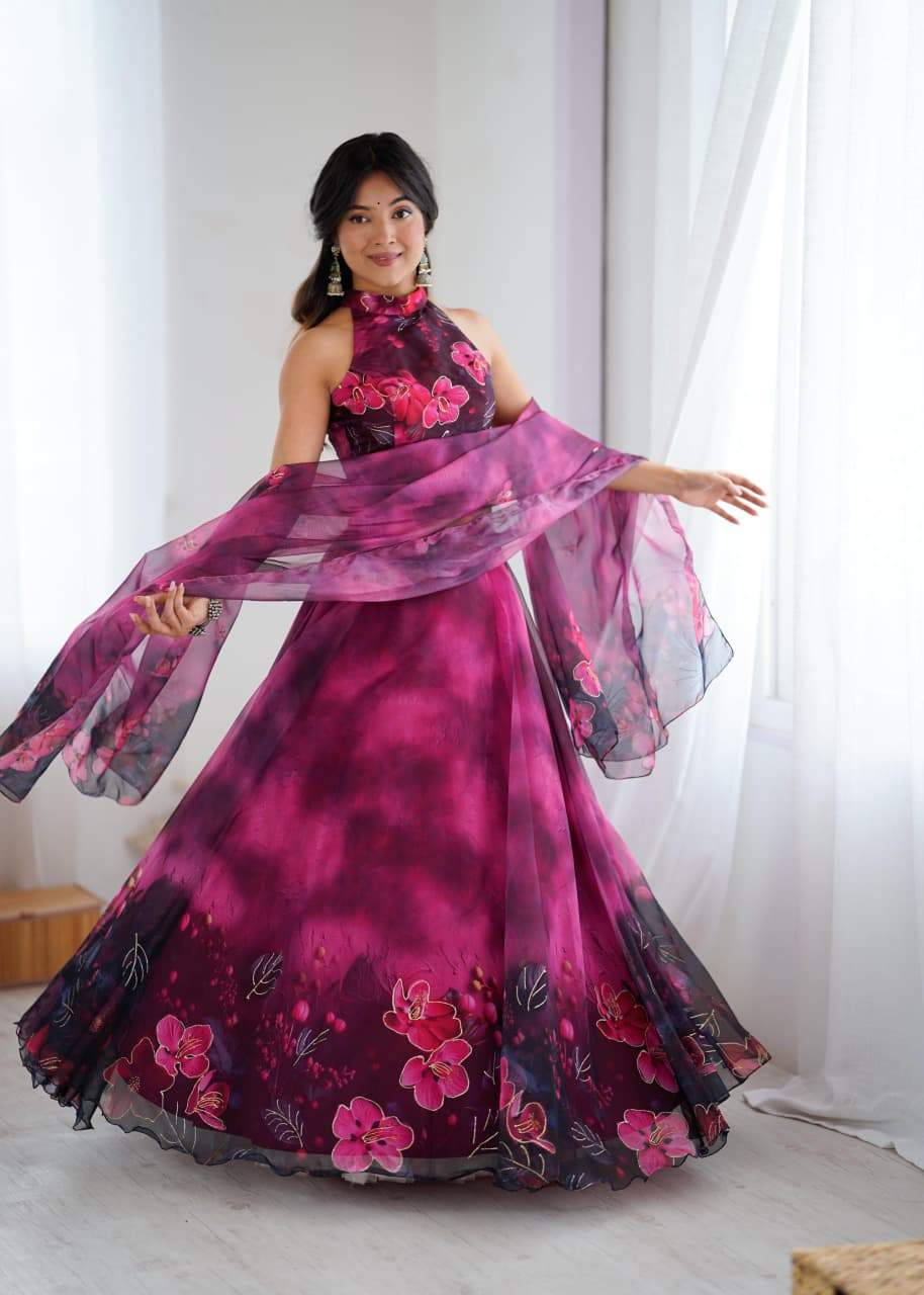 Lovely Pink Color Flower Printed Organza Lehenga Set
