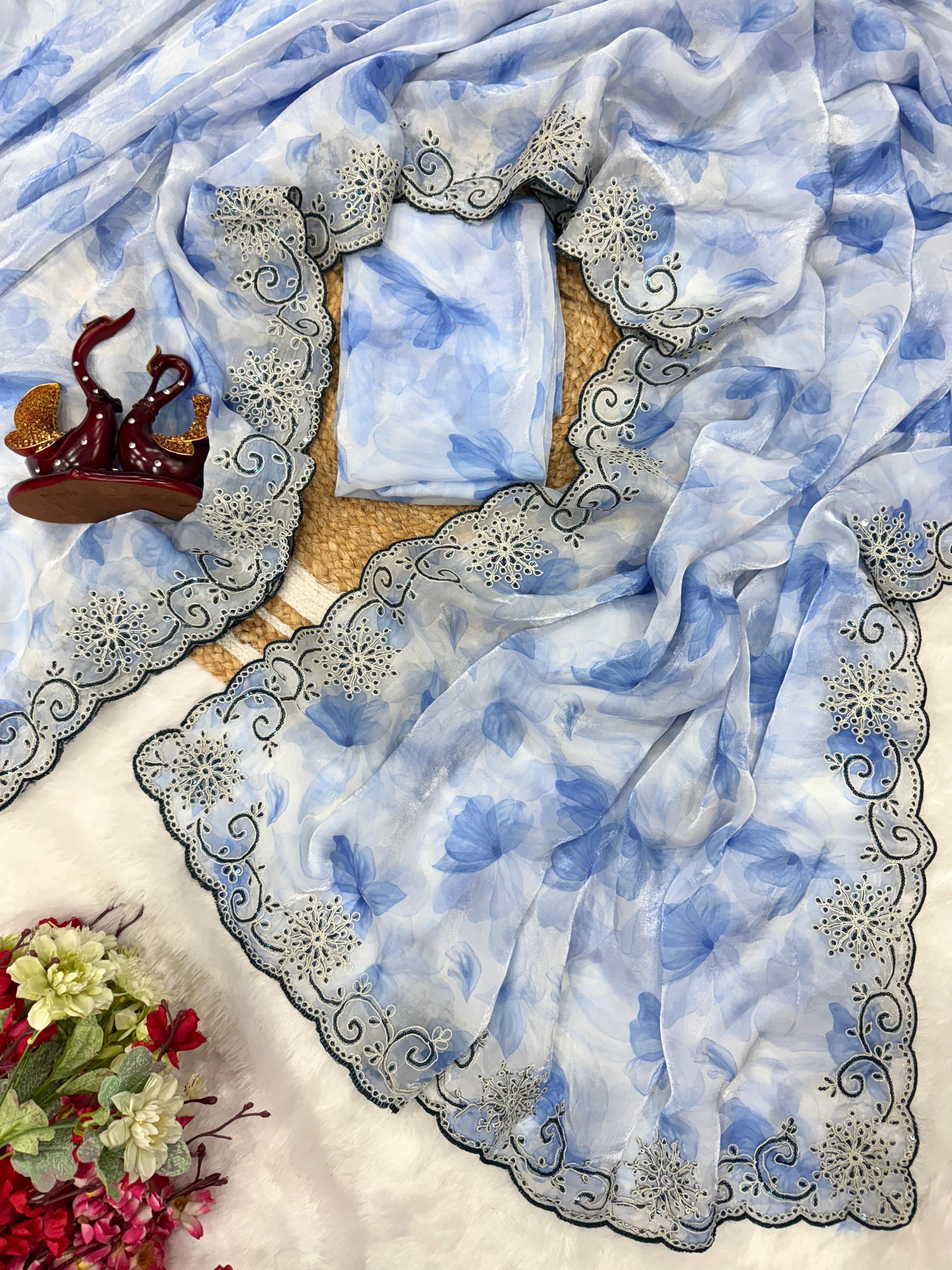 Ravishing Sky Blue Color Embroidery Work Silk Saree