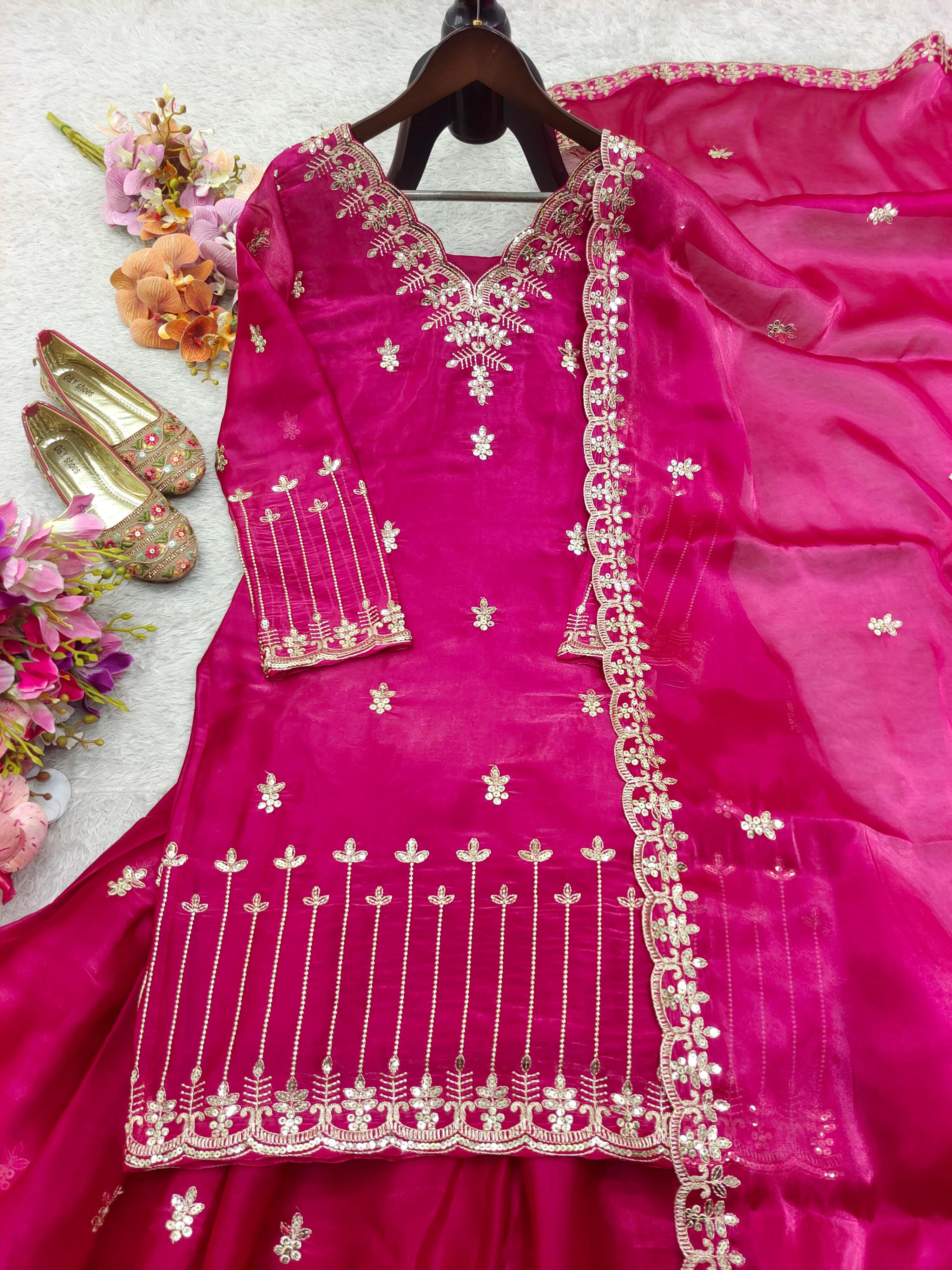 Stylish Pink Color Embroidery Work Sharara Suit