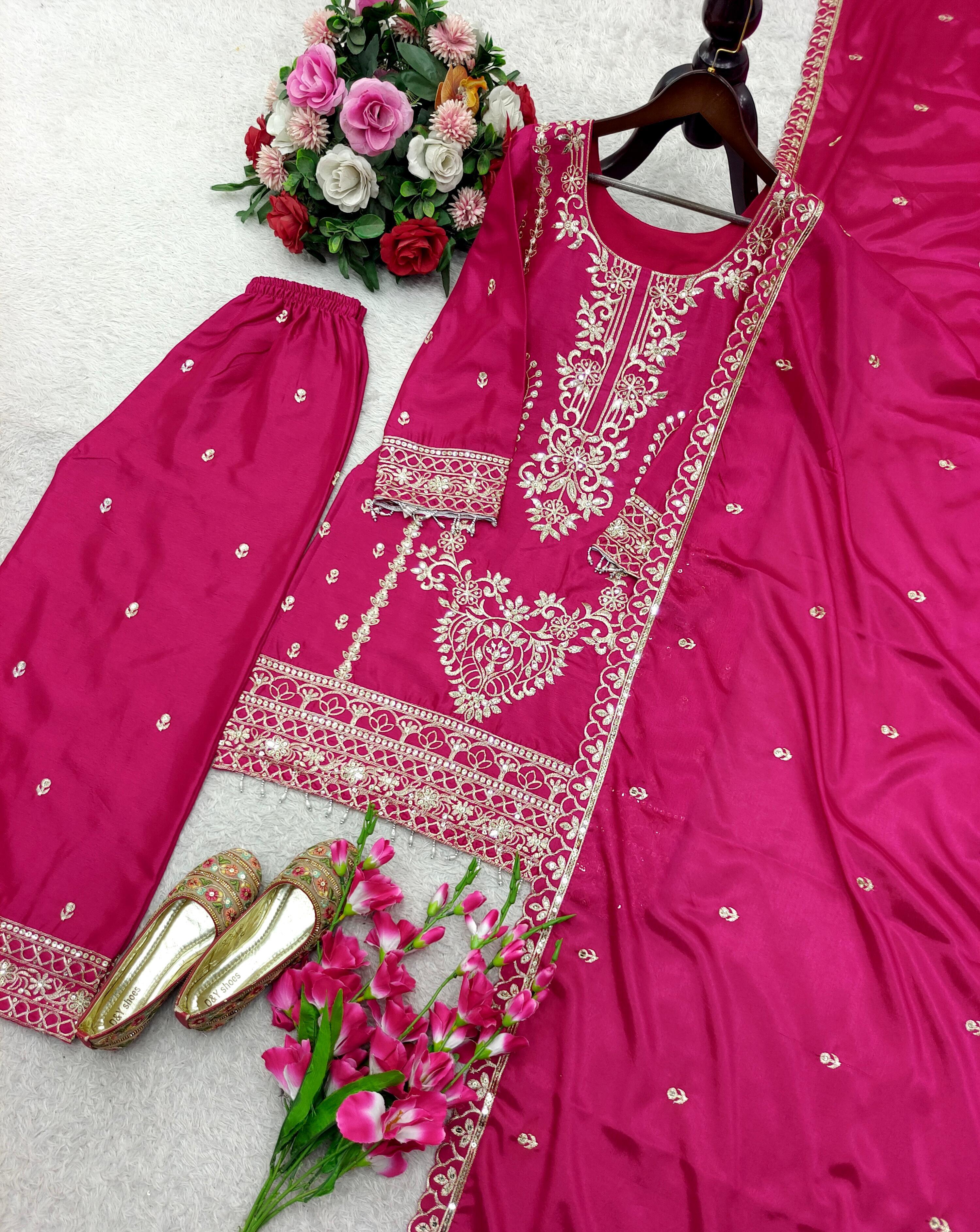 Ravishing Pink Chinon Silk Embroidery Work Palazzo Suit