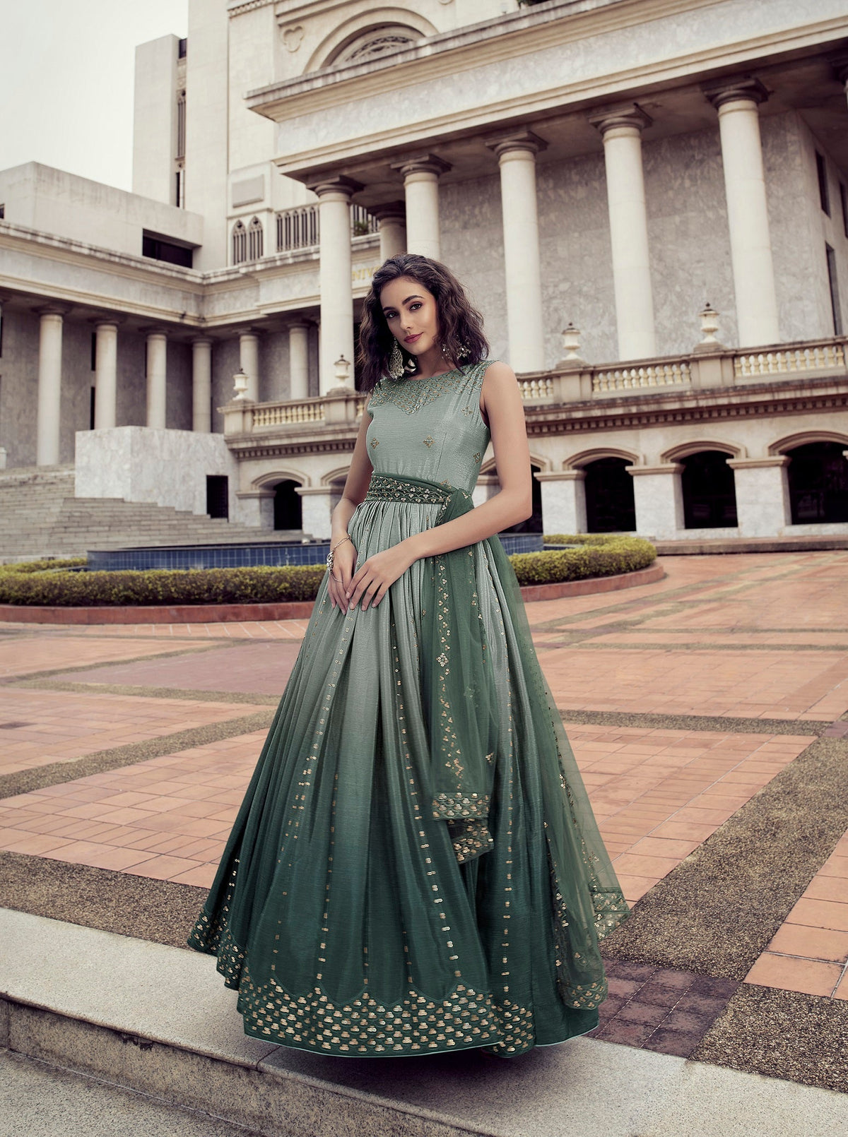 Pista Green Color Sequence Embroidered Work Shaded Anarkali Gown