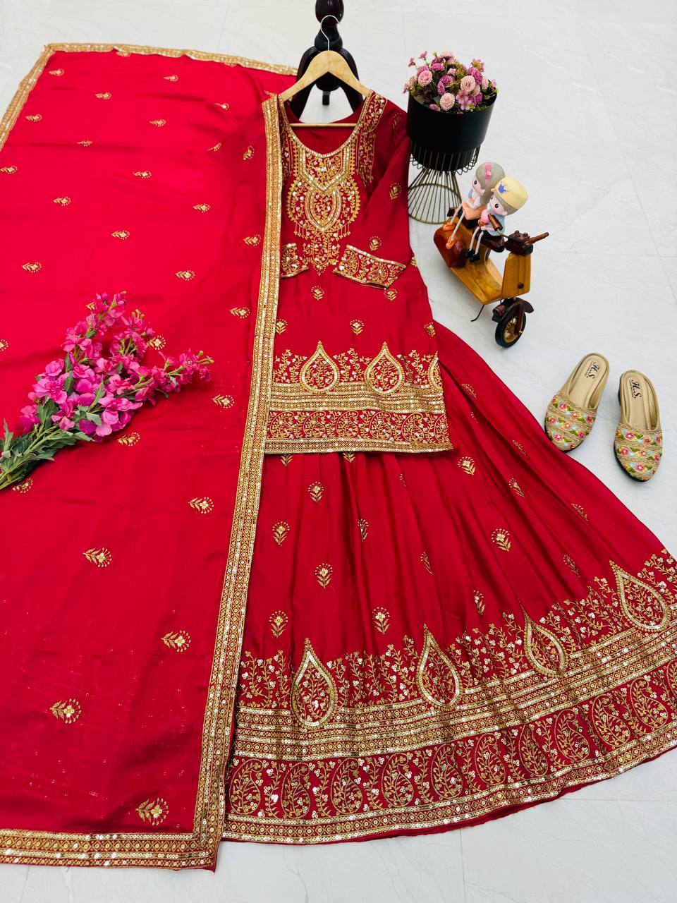 Pretty Mustard Chinon Silk Embroidery Sequence Work Top With Lehenga