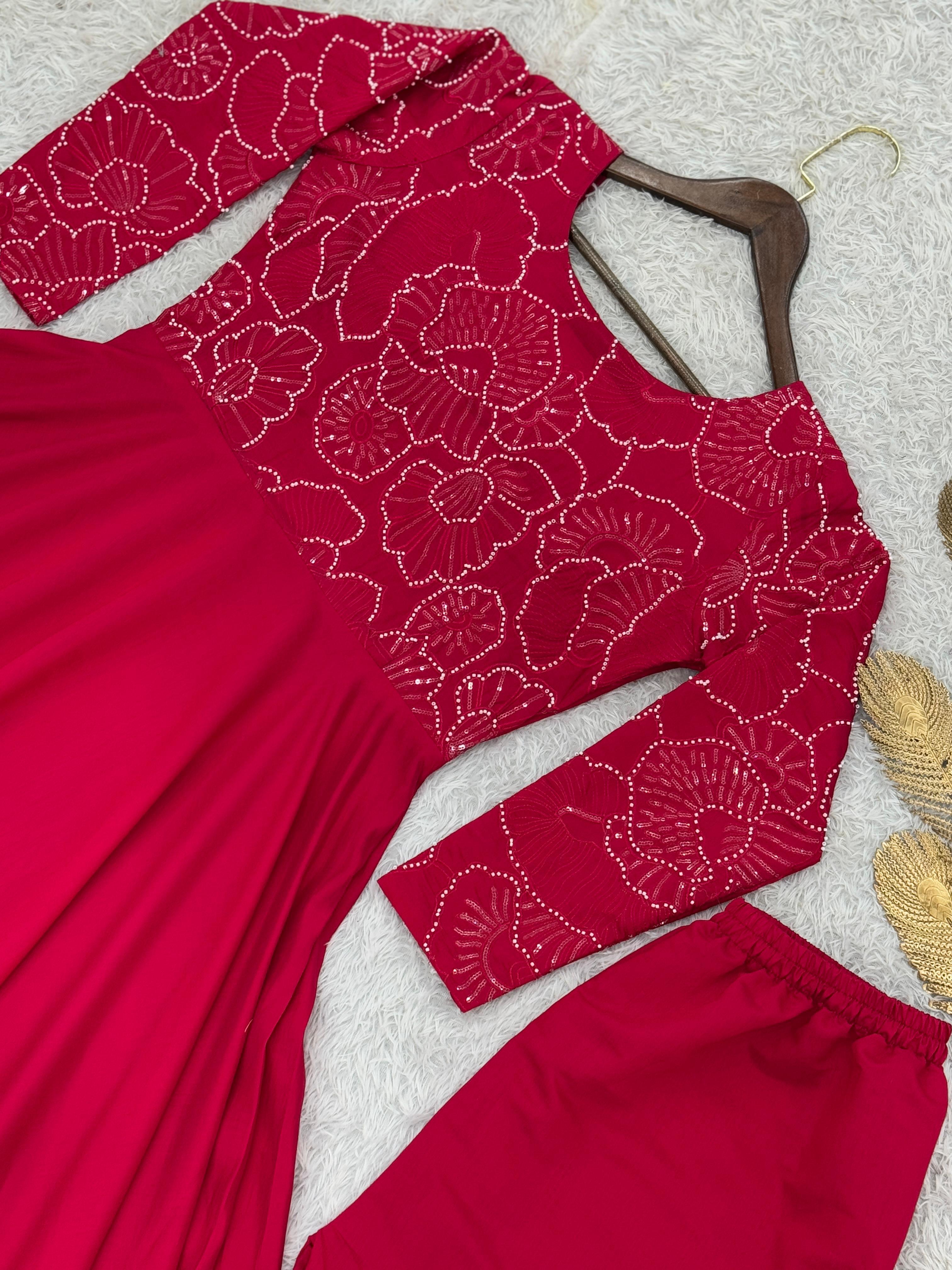 Gorgeous Red Roman Silk with Embroidery Work Gown