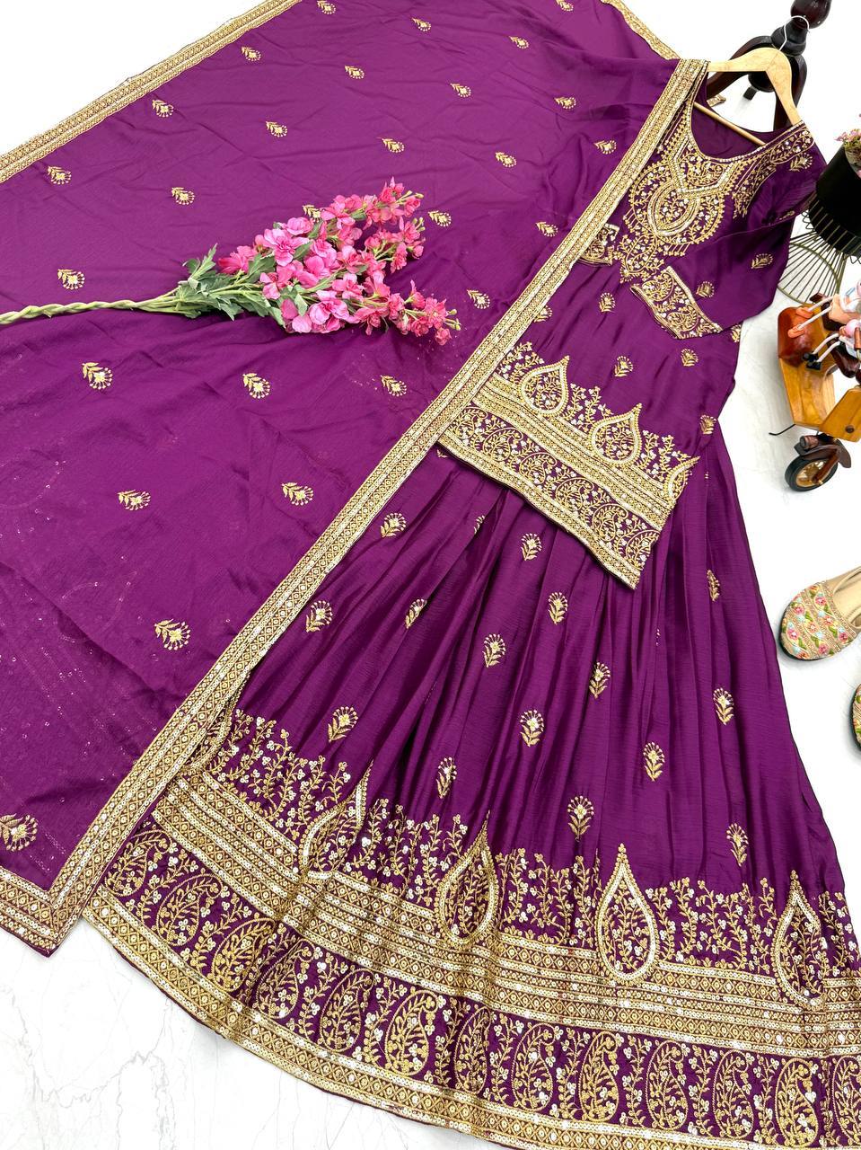 Pretty Mustard Chinon Silk Embroidery Sequence Work Top With Lehenga