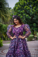 Wine Color Floral Printed Organza Fabric Gown