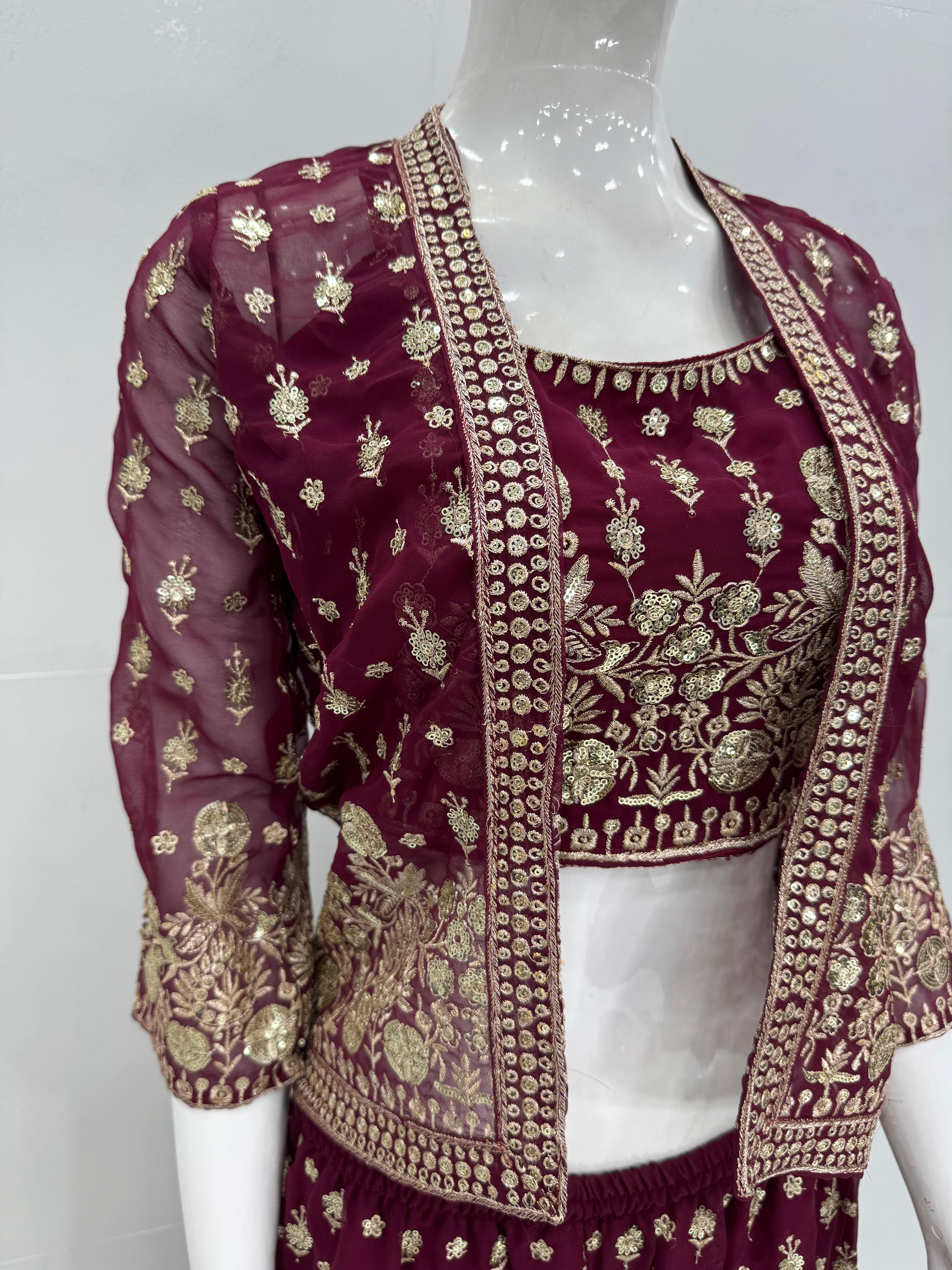 Elegant Fox Georgette Embroidery Work Maroon color KOTI BLOUSE SUIT SET