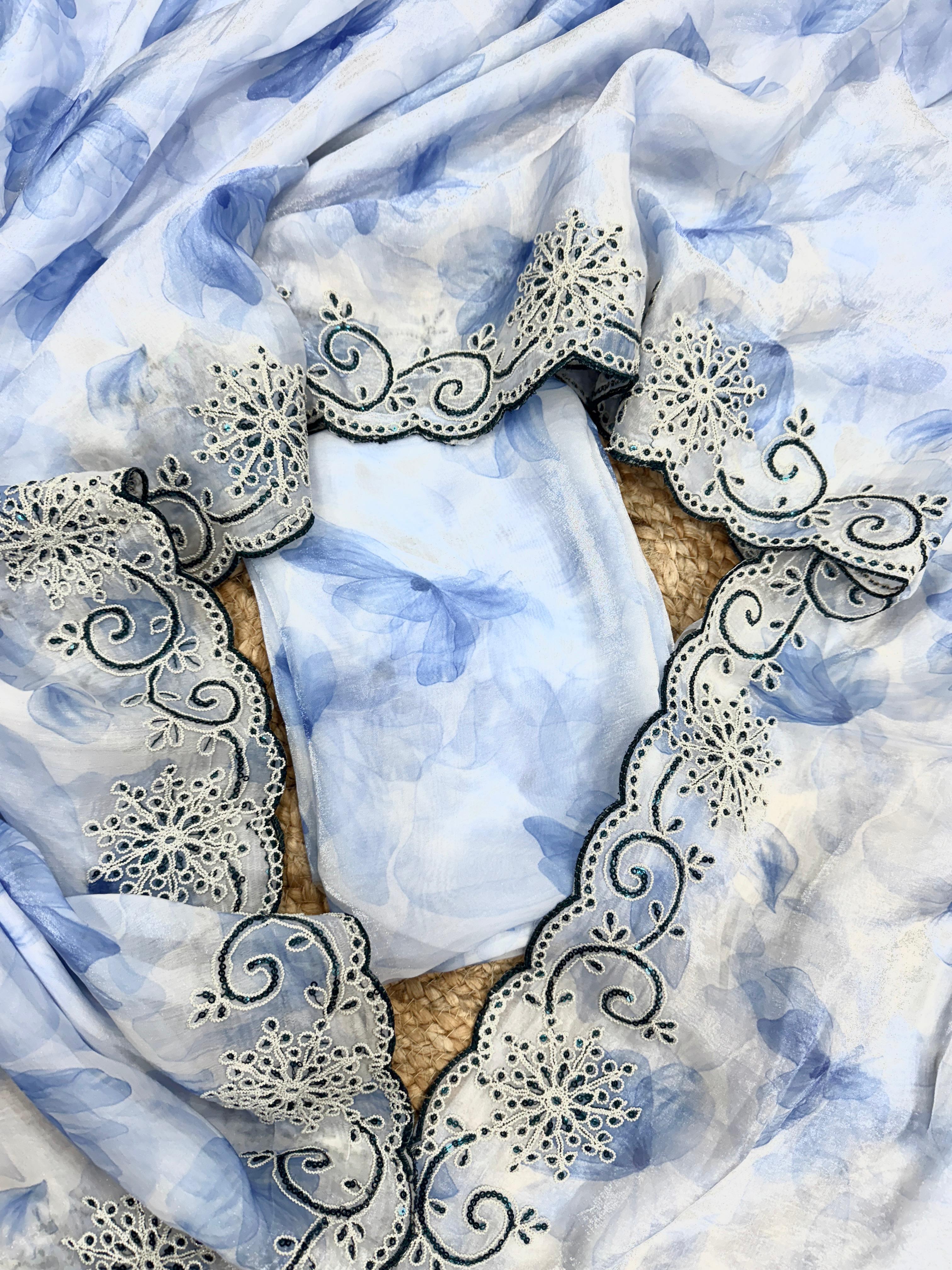 Ravishing Sky Blue Color Embroidery Work Silk Saree