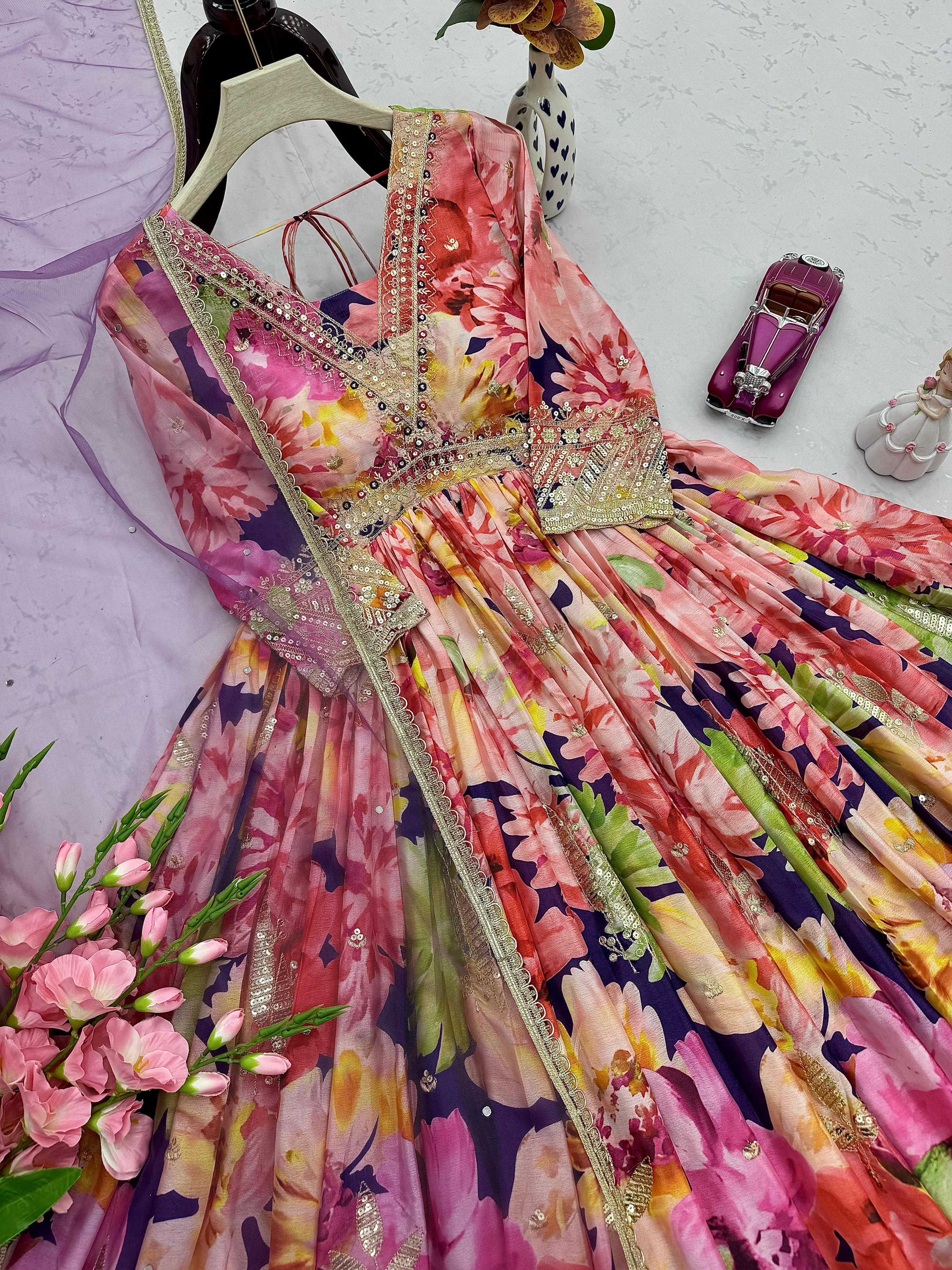 Alluring Multicolor Chinon Silk Embroidery Work Gown