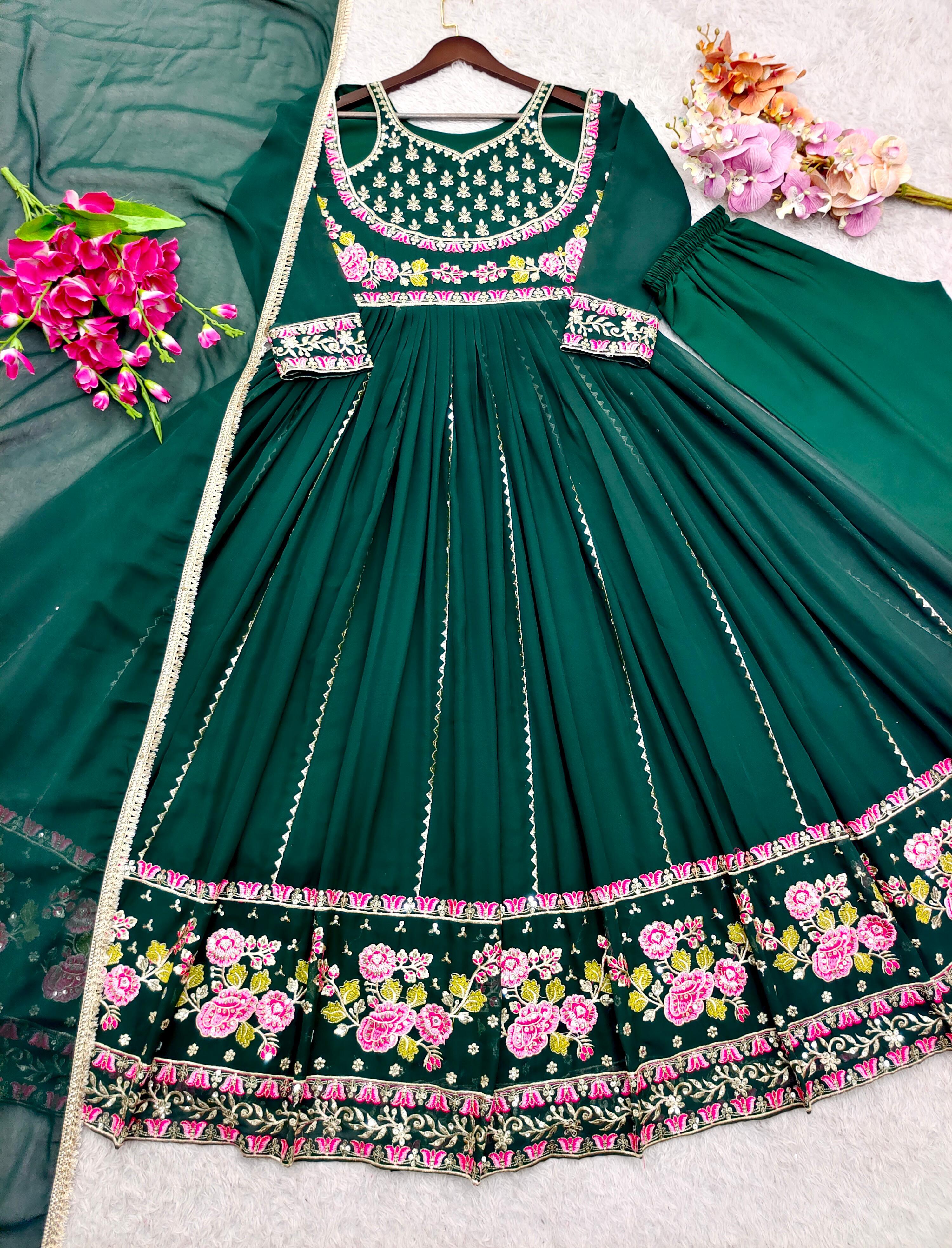 Beautiful Green Georgette Embroidered Designer Gown