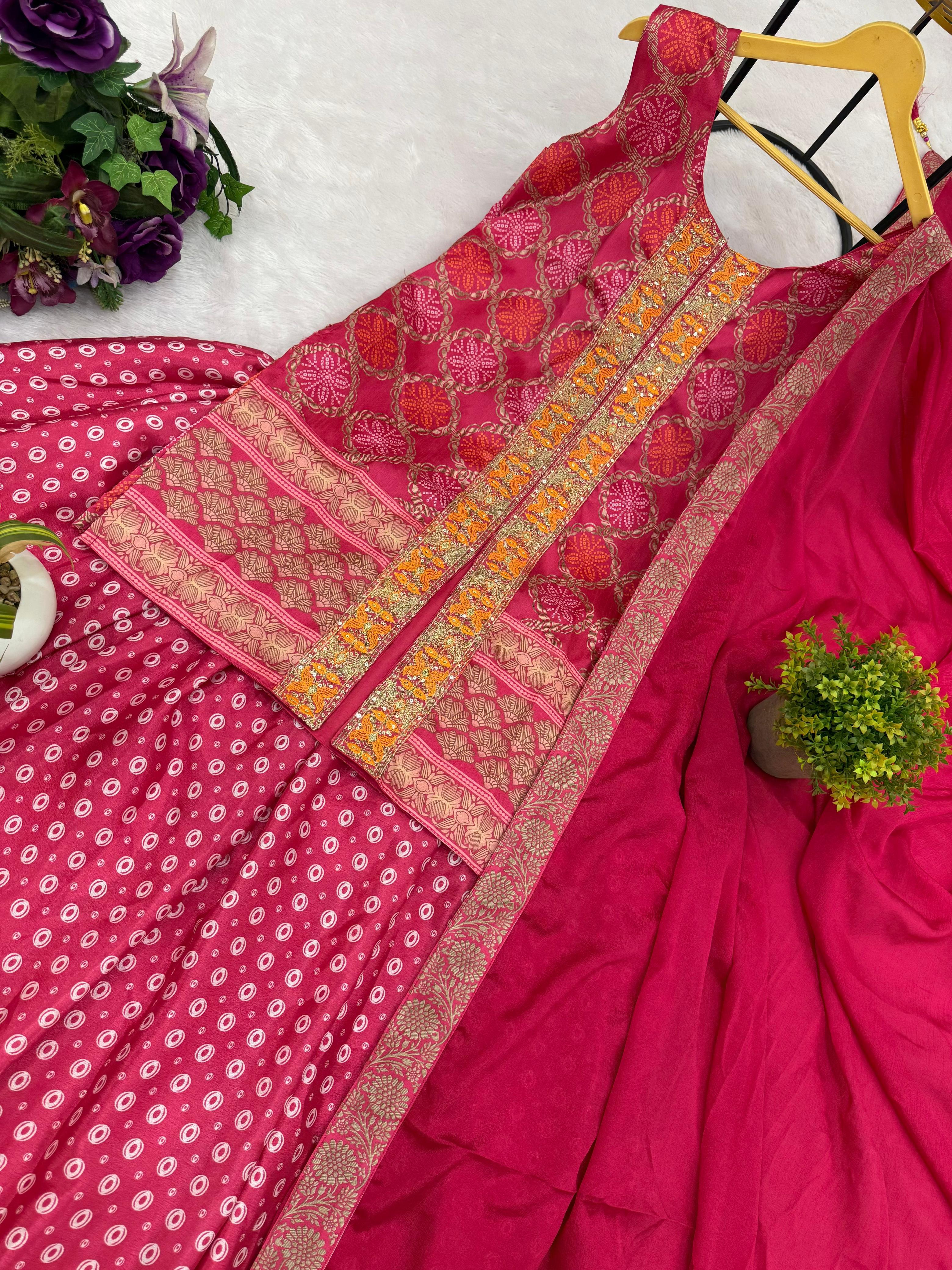 Amazing Red Color Chinon Embroidery Work Top With Lehenga