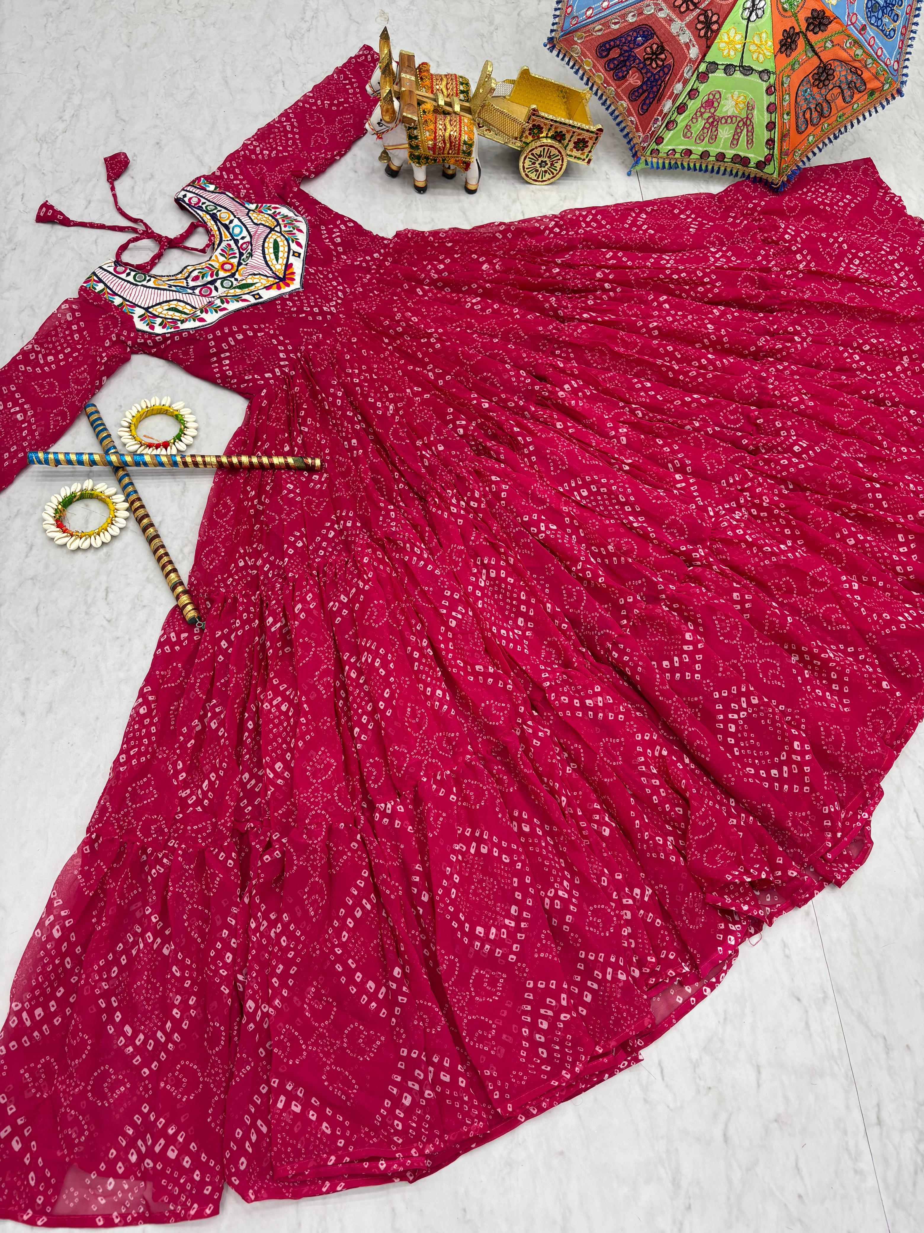 Pink Georgette Embroidery Work Gown For Navratri