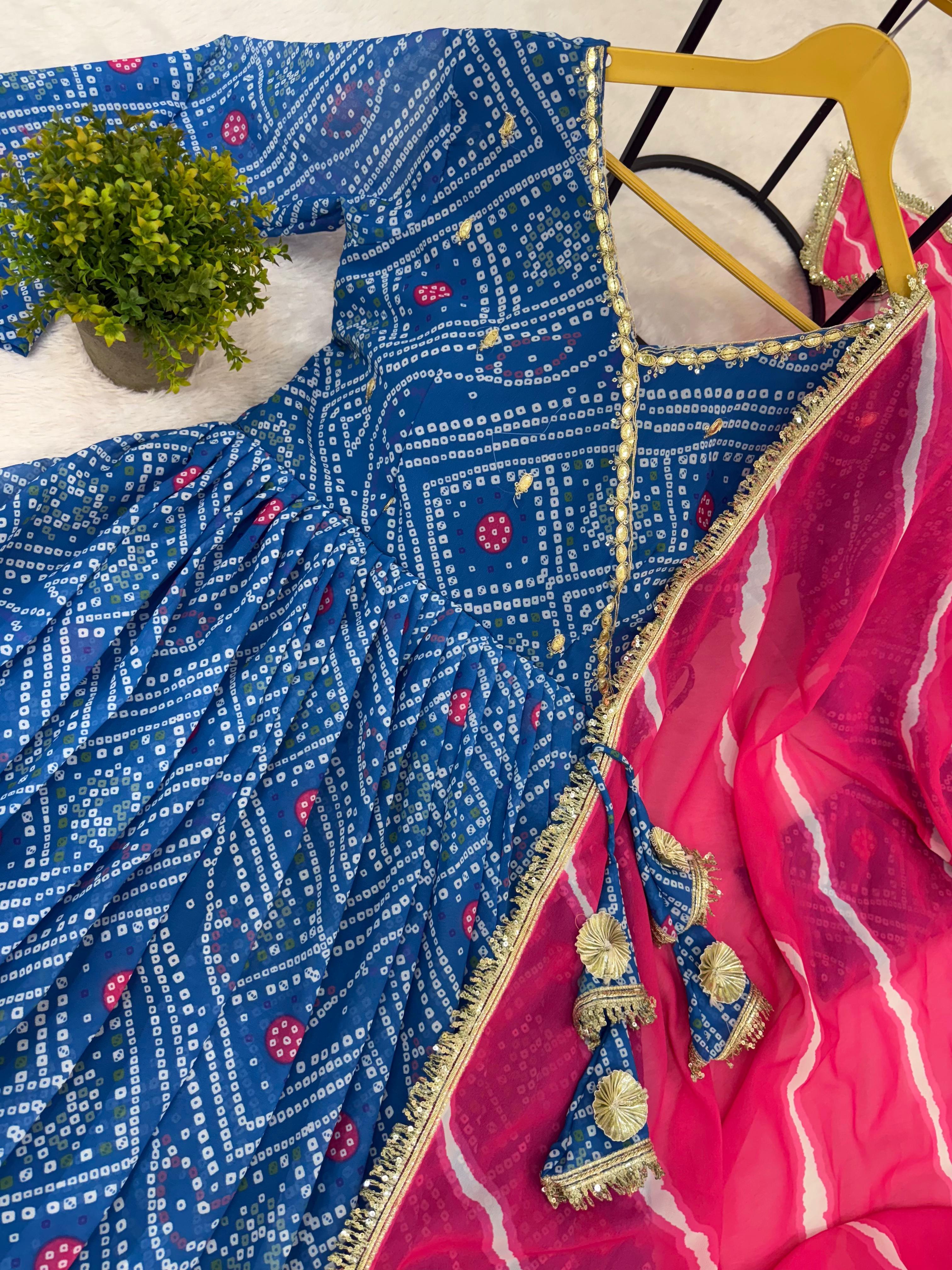 Trendy Blue Georgette Embroidery Work Gown