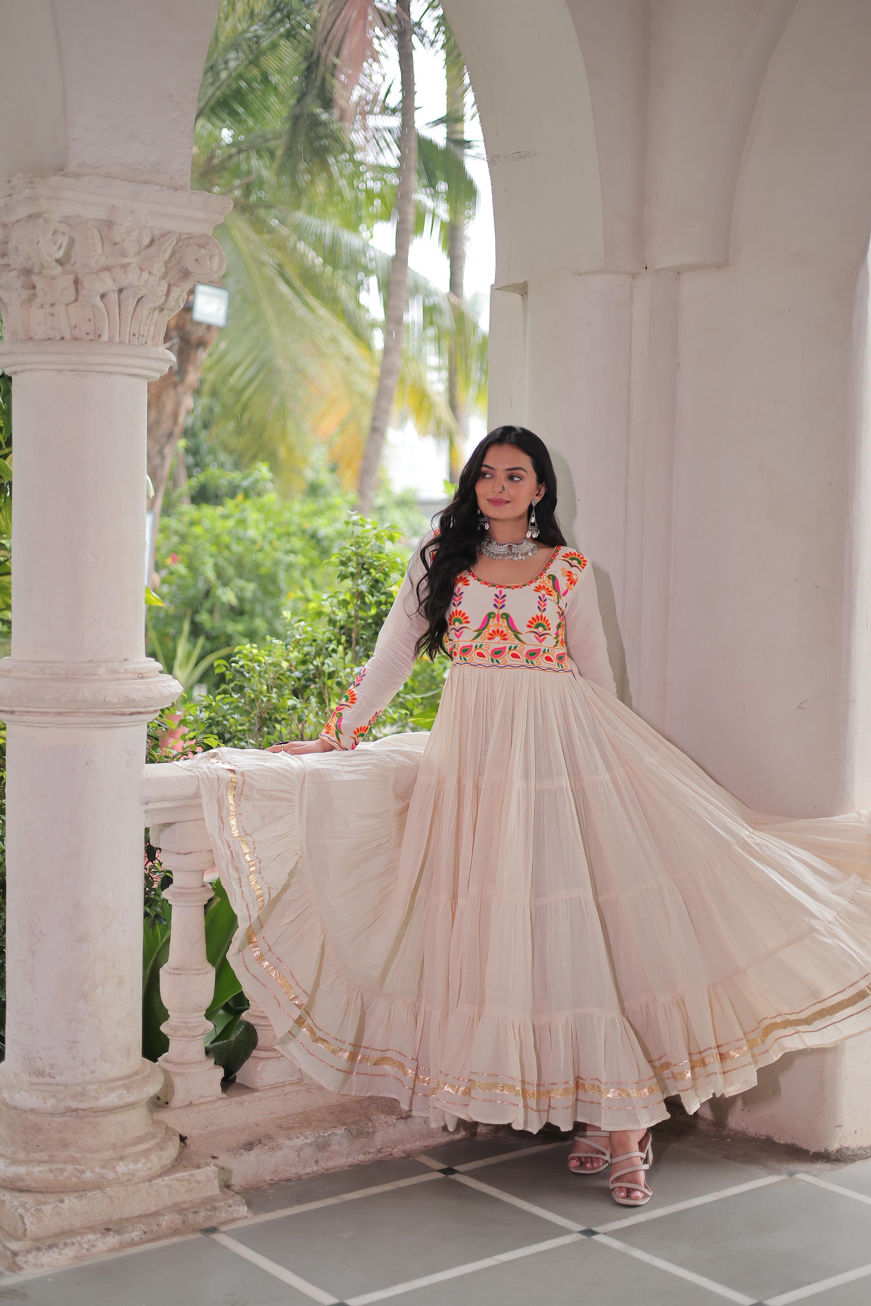 Navratri Wear Trendy White Cotton Embroidered Gown
