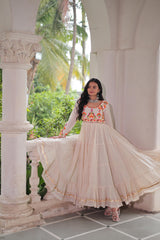 Navratri Wear Trendy White Cotton Embroidered Gown