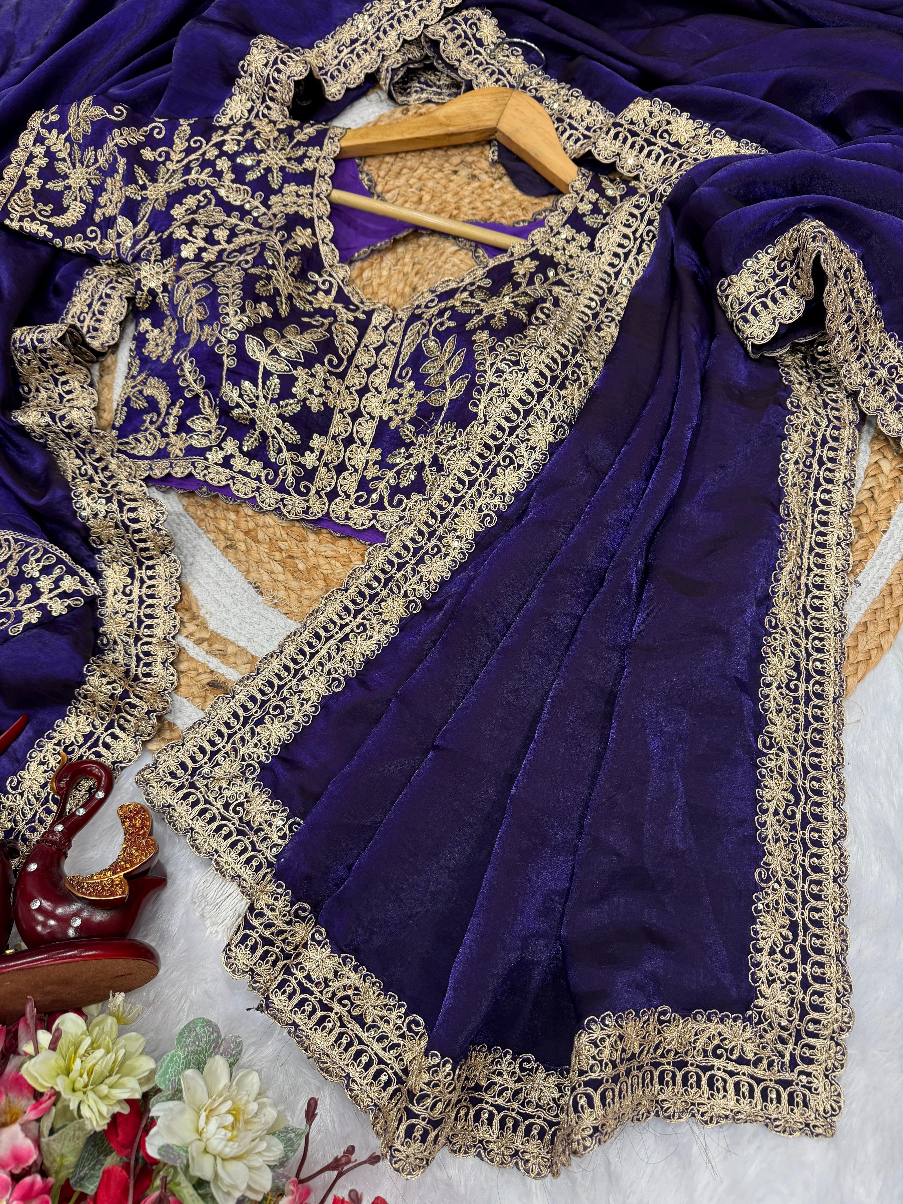 Amazing Purple Embroidery Work Silk Saree