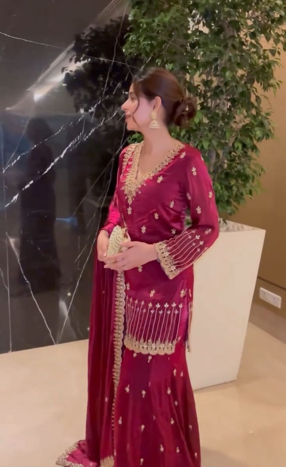 Stylish Pink Color Embroidery Work Sharara Suit