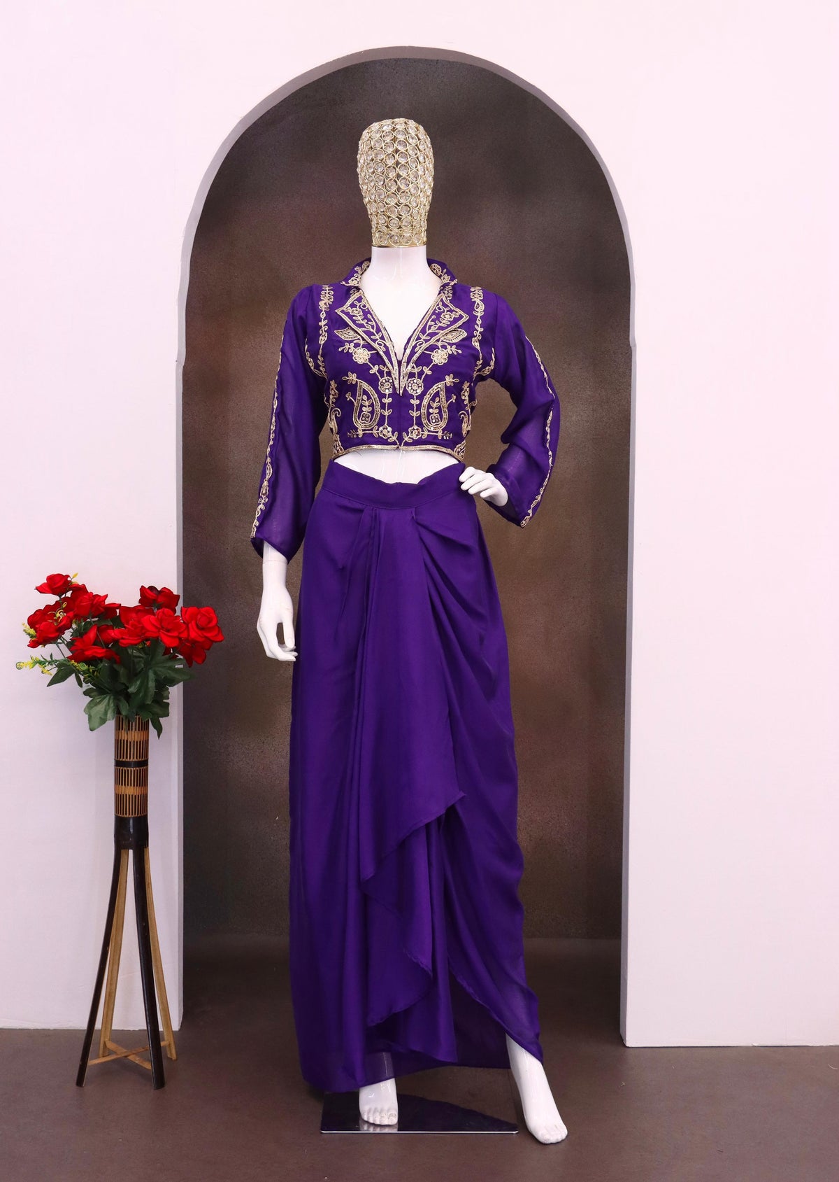 Stylish Purple Chinon Silk Embroidery Dhoti Suit