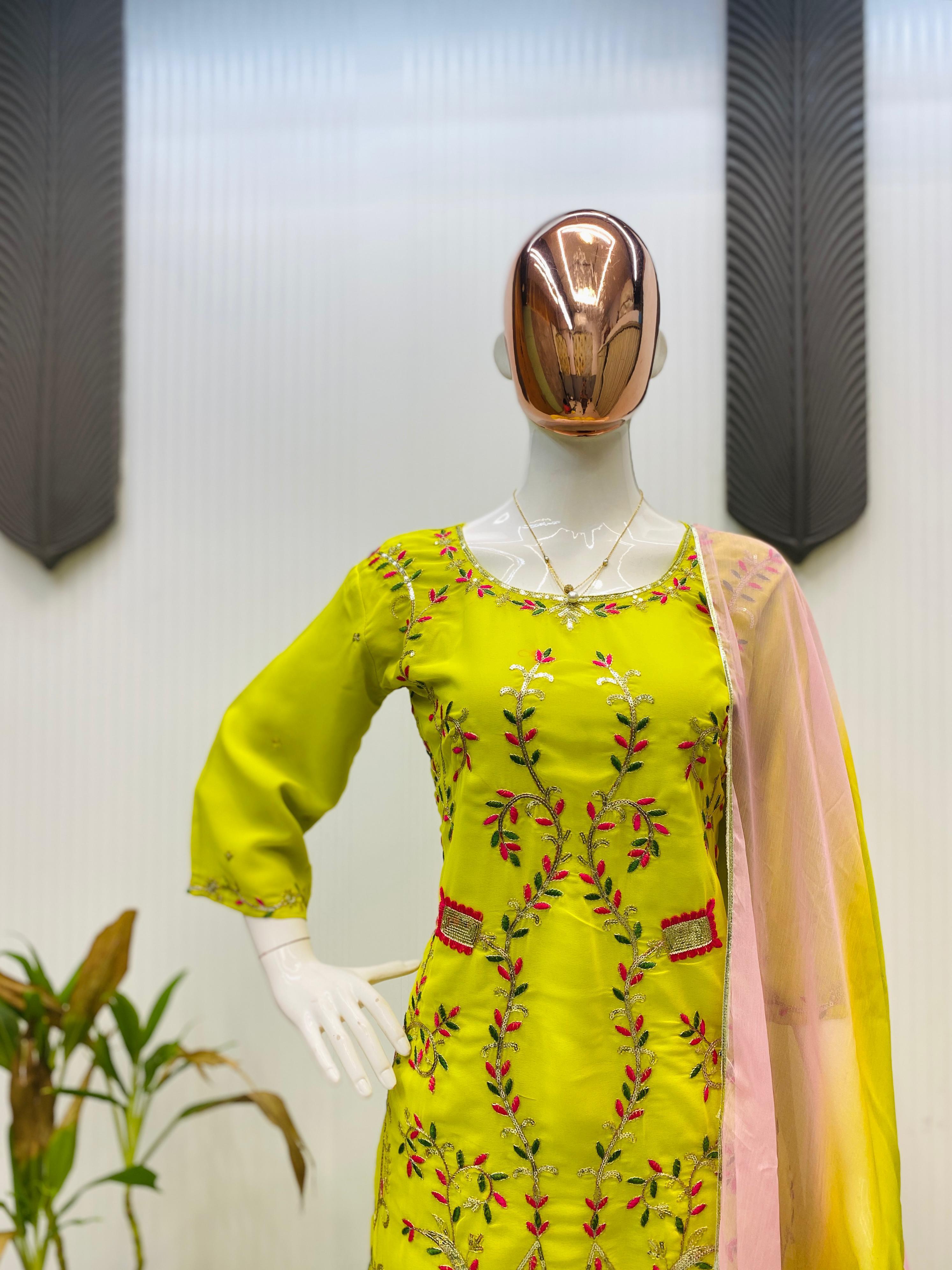 Graceful Lemon Color Sequence Work Georgette Sharara Suit