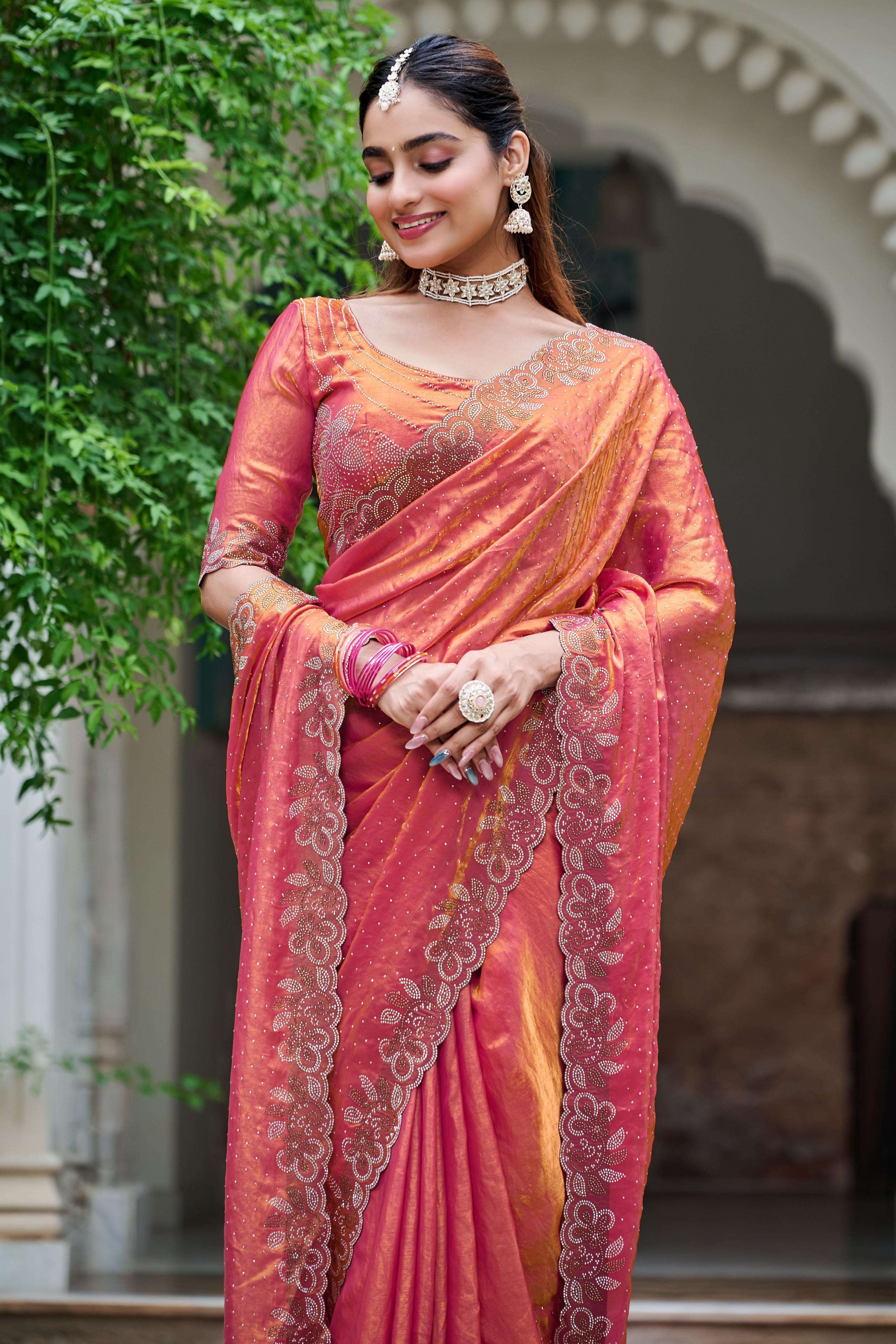 Trendy Red Diamond Work Silk Saree