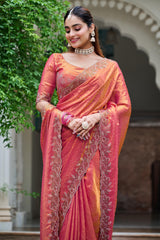Trendy Red Diamond Work Silk Saree