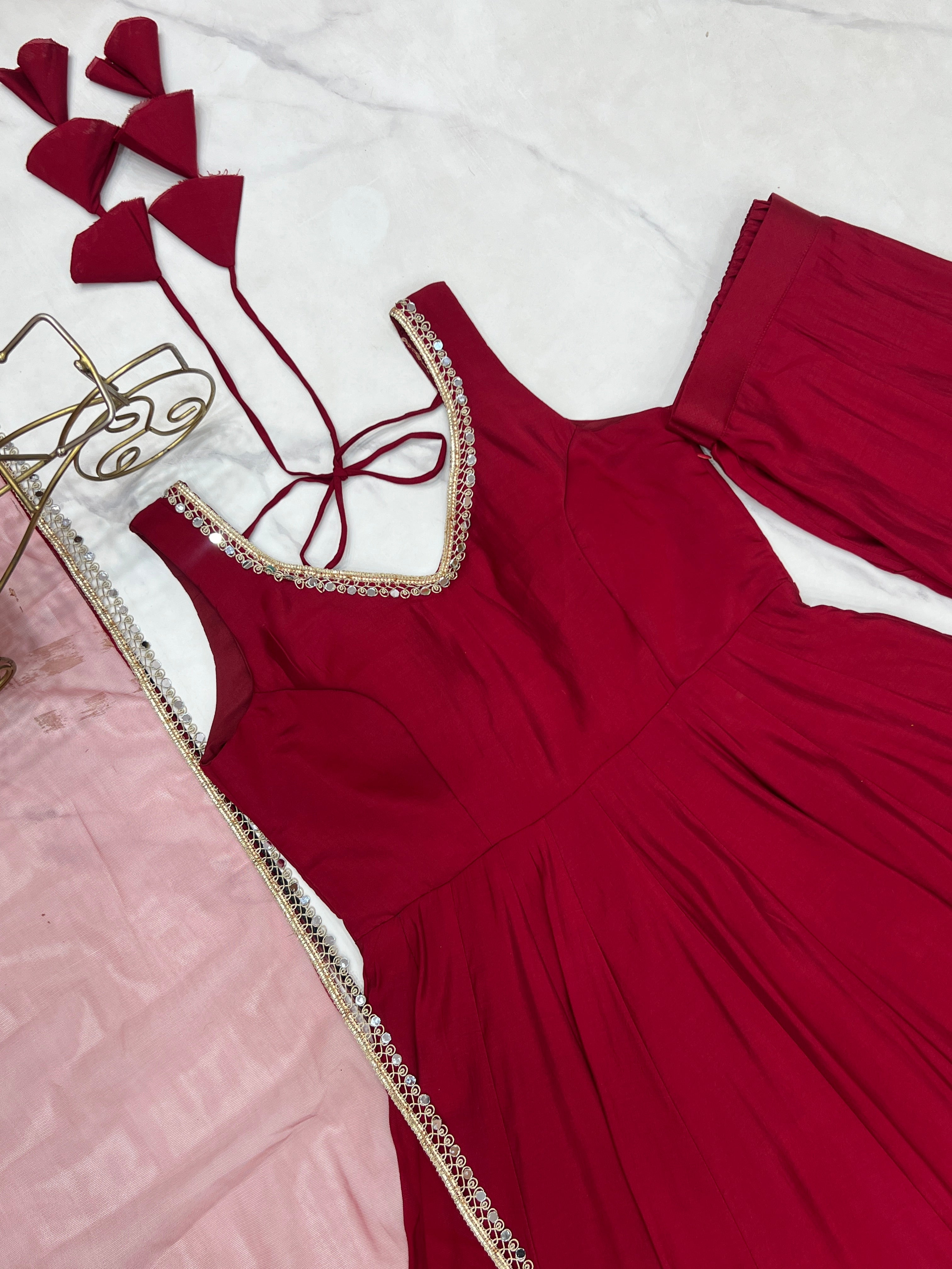 Trendy Maroon Roman Silk Anarkali Work Gown