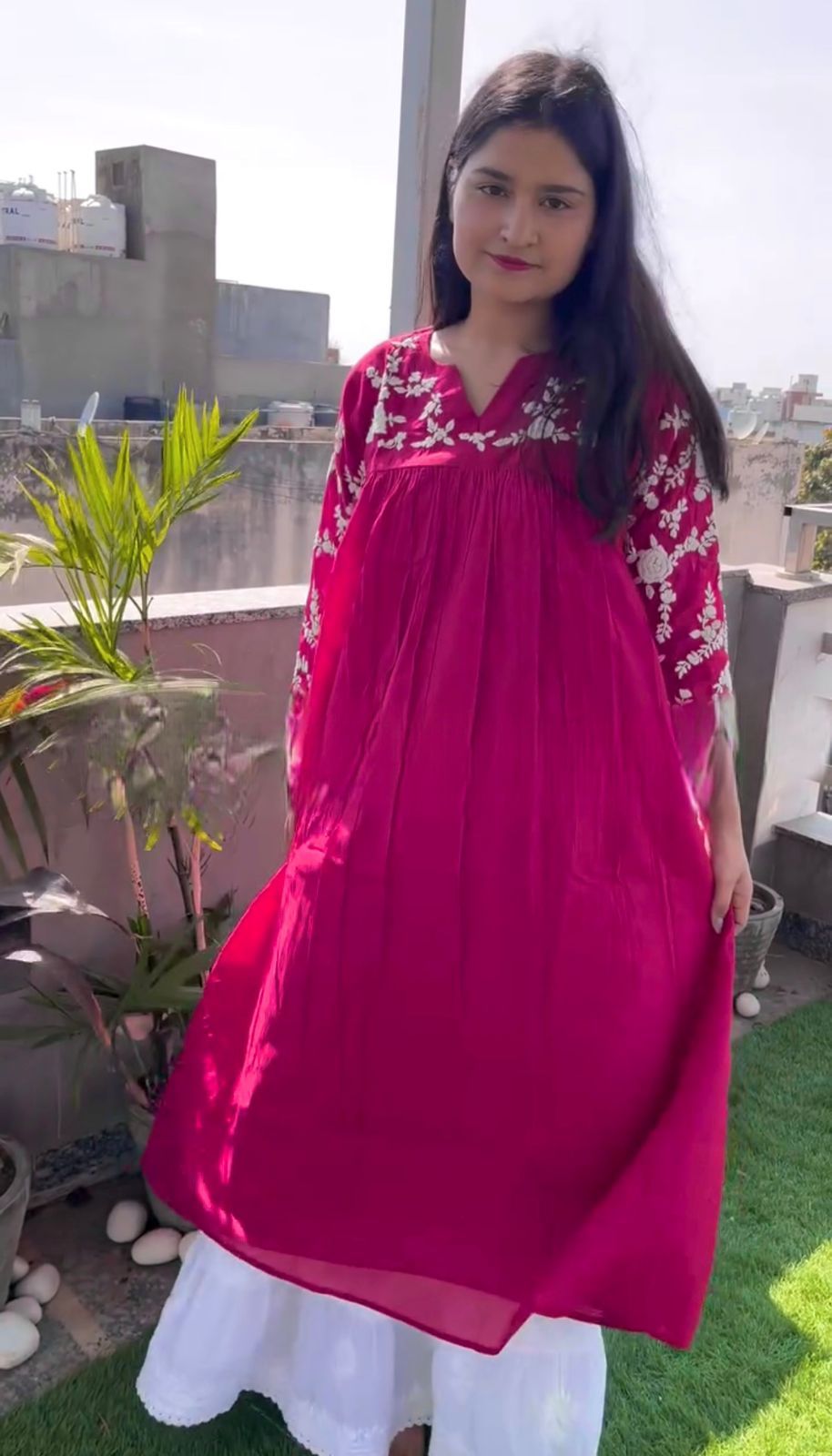 Precious Pink Cotton Embroidery Work Palazzo Suit