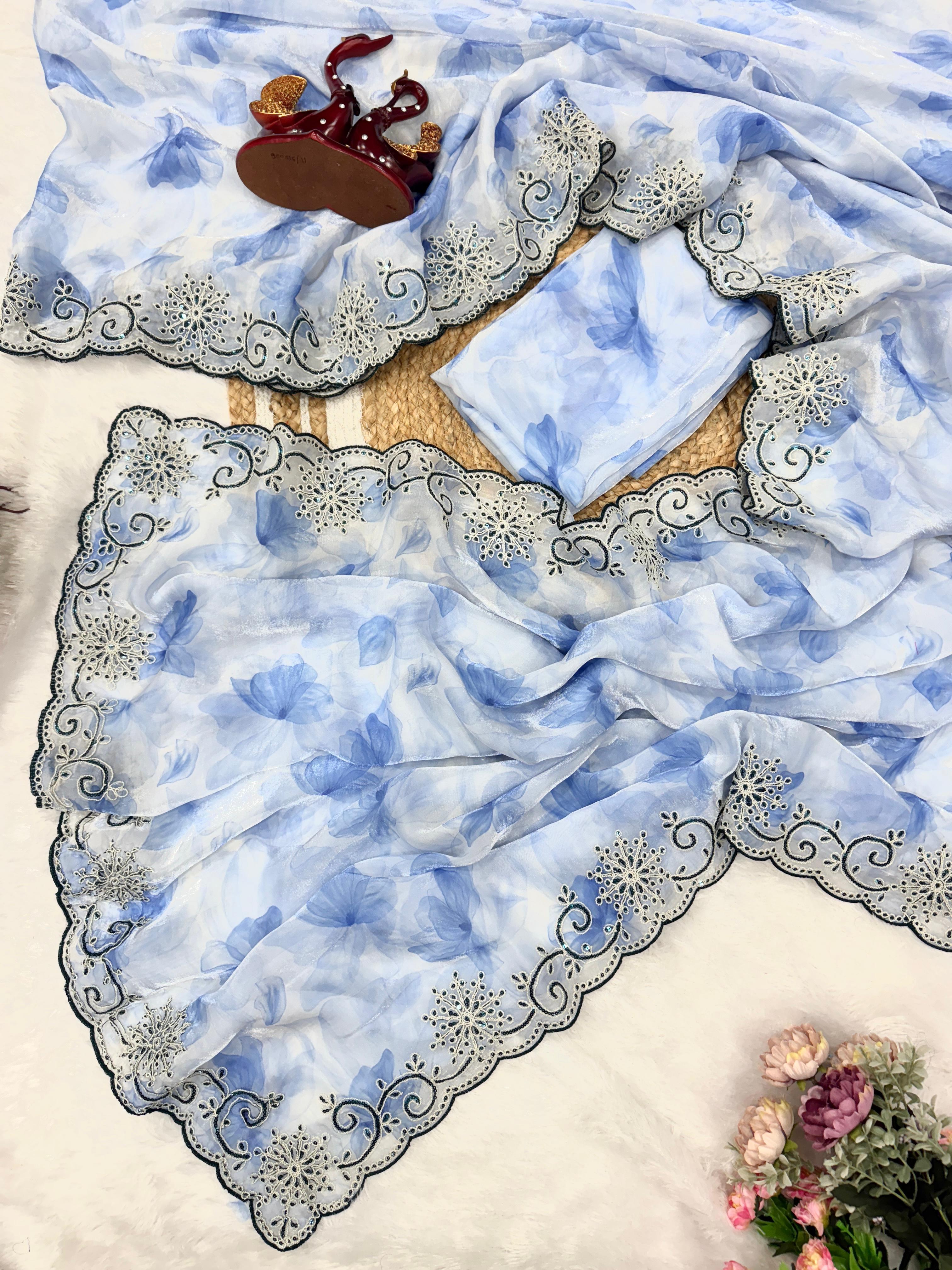 Ravishing Sky Blue Color Embroidery Work Silk Saree