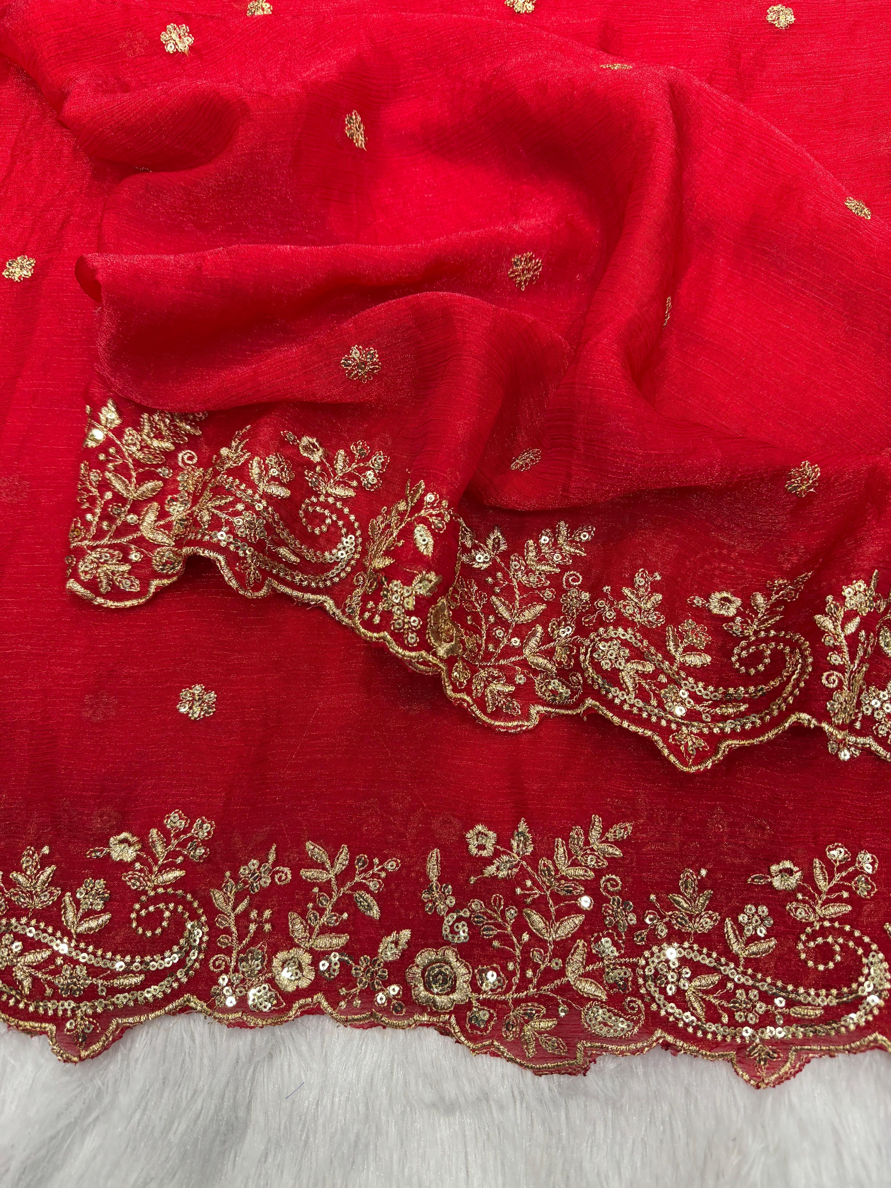 Exclusive Red Color Embroidery Work Saree