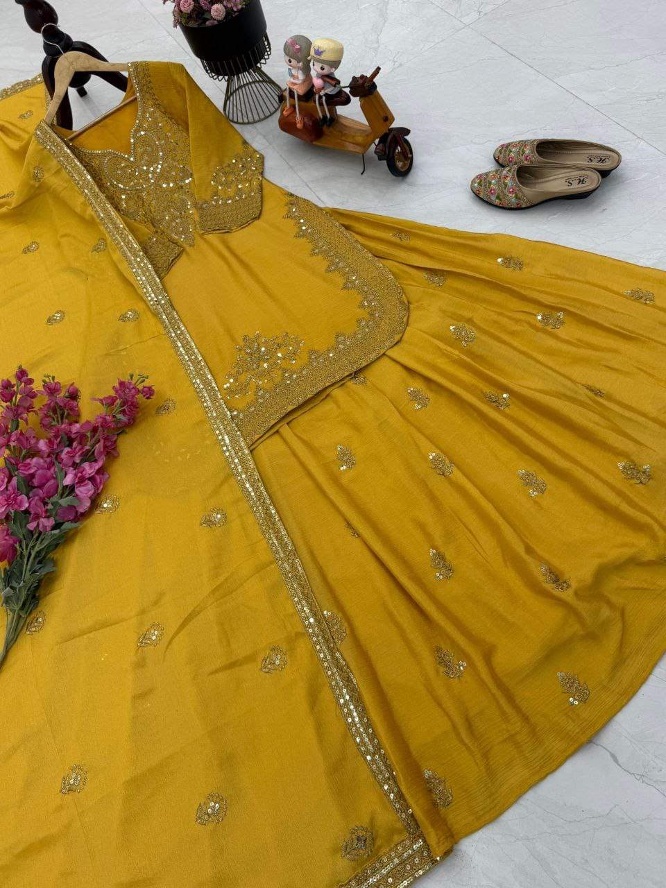 Ravishing Pink Chinon Silk Sequence Work Top With Lehenga