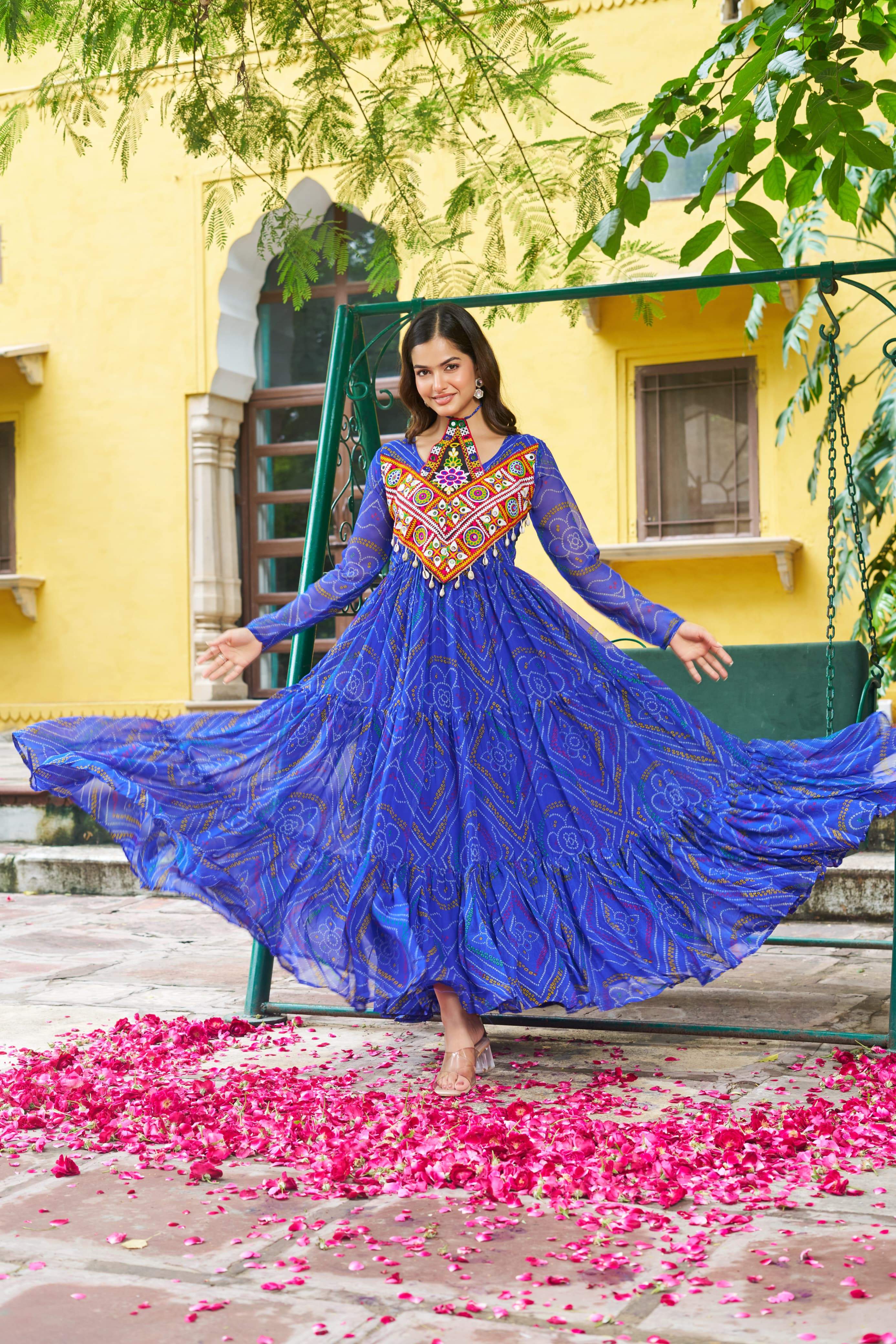 Pretty Pink Georgette Kutchi Work Gown For Navratri