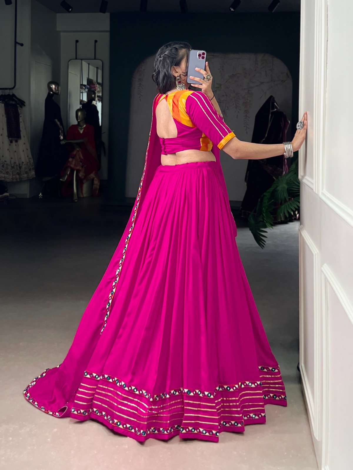 Navratri Lehenga Pink Rayon Mirror Work Lehenga Choli
