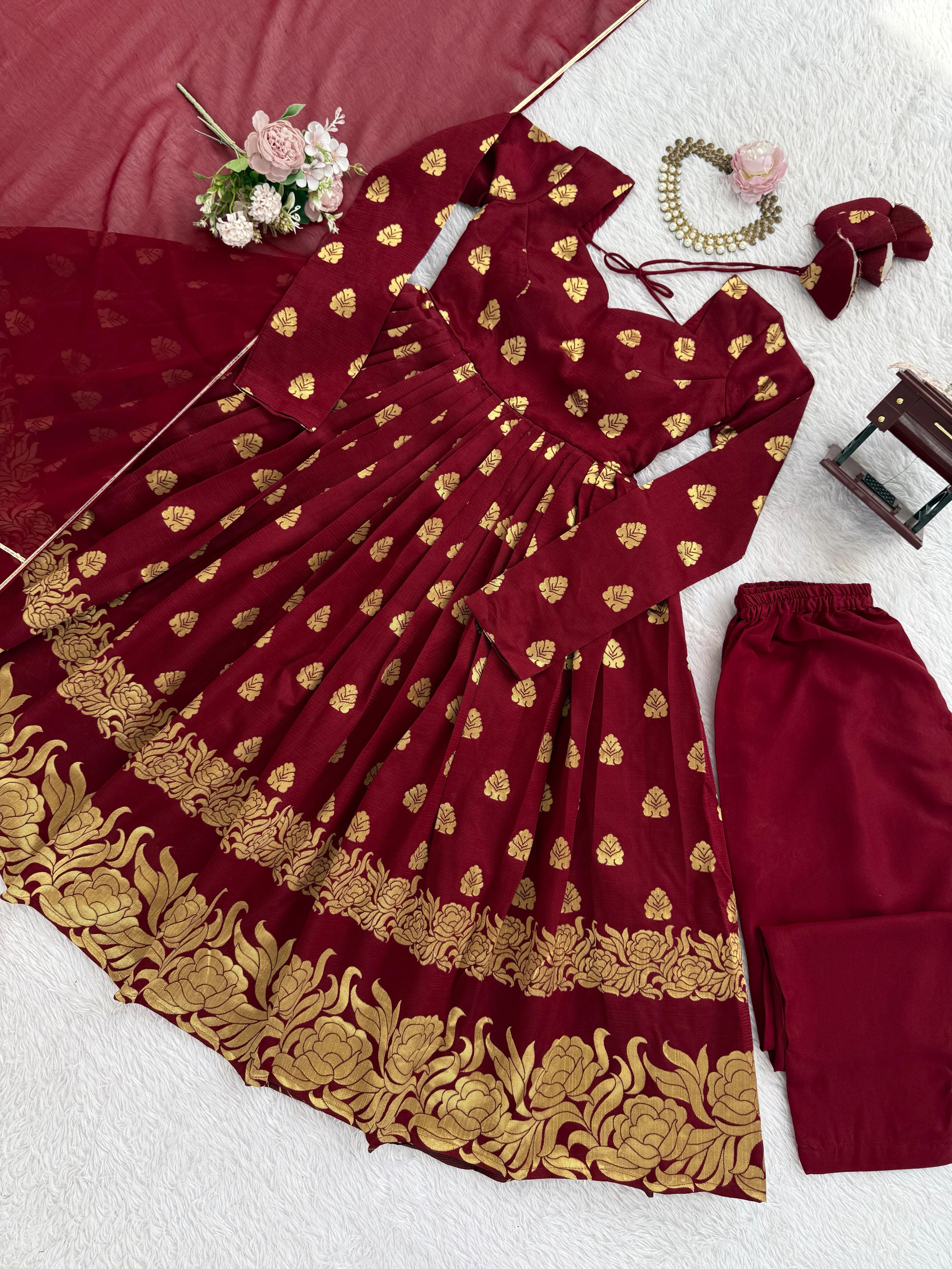 Lovely Maroon Jacquard Weaving Anarkali Suit
