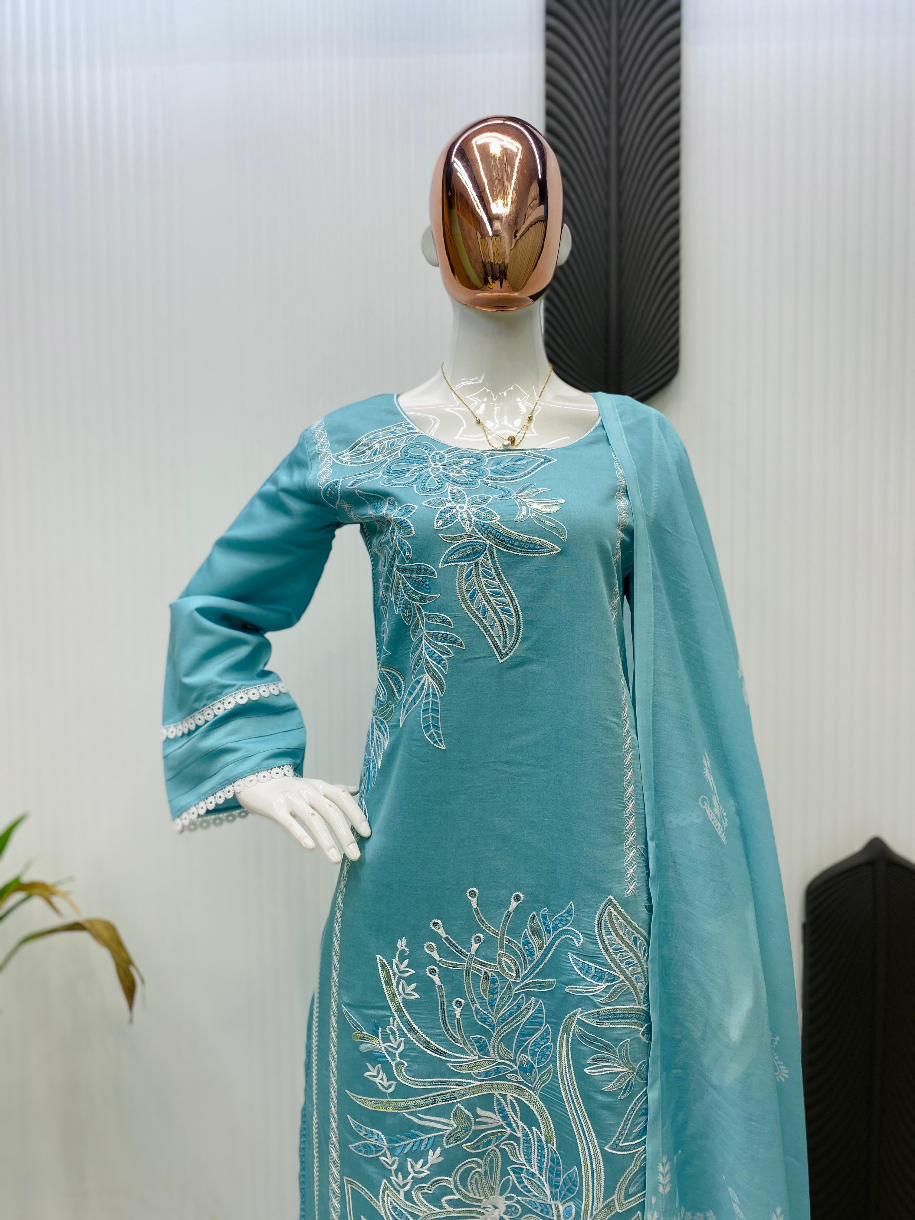 Ravishing Sky Blue Roman Silk Sequence Work Straight Salwar Suit