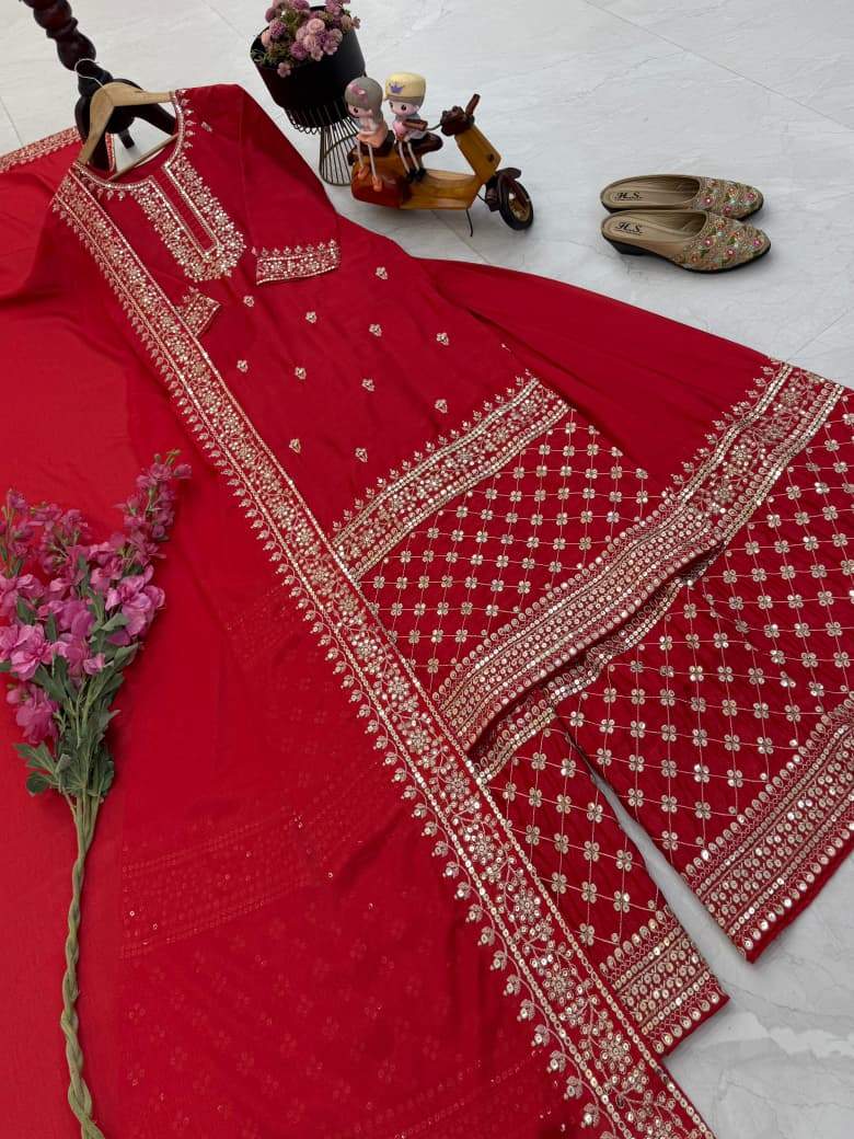 Stylish Red Color Embroidery Work Sharara Suit