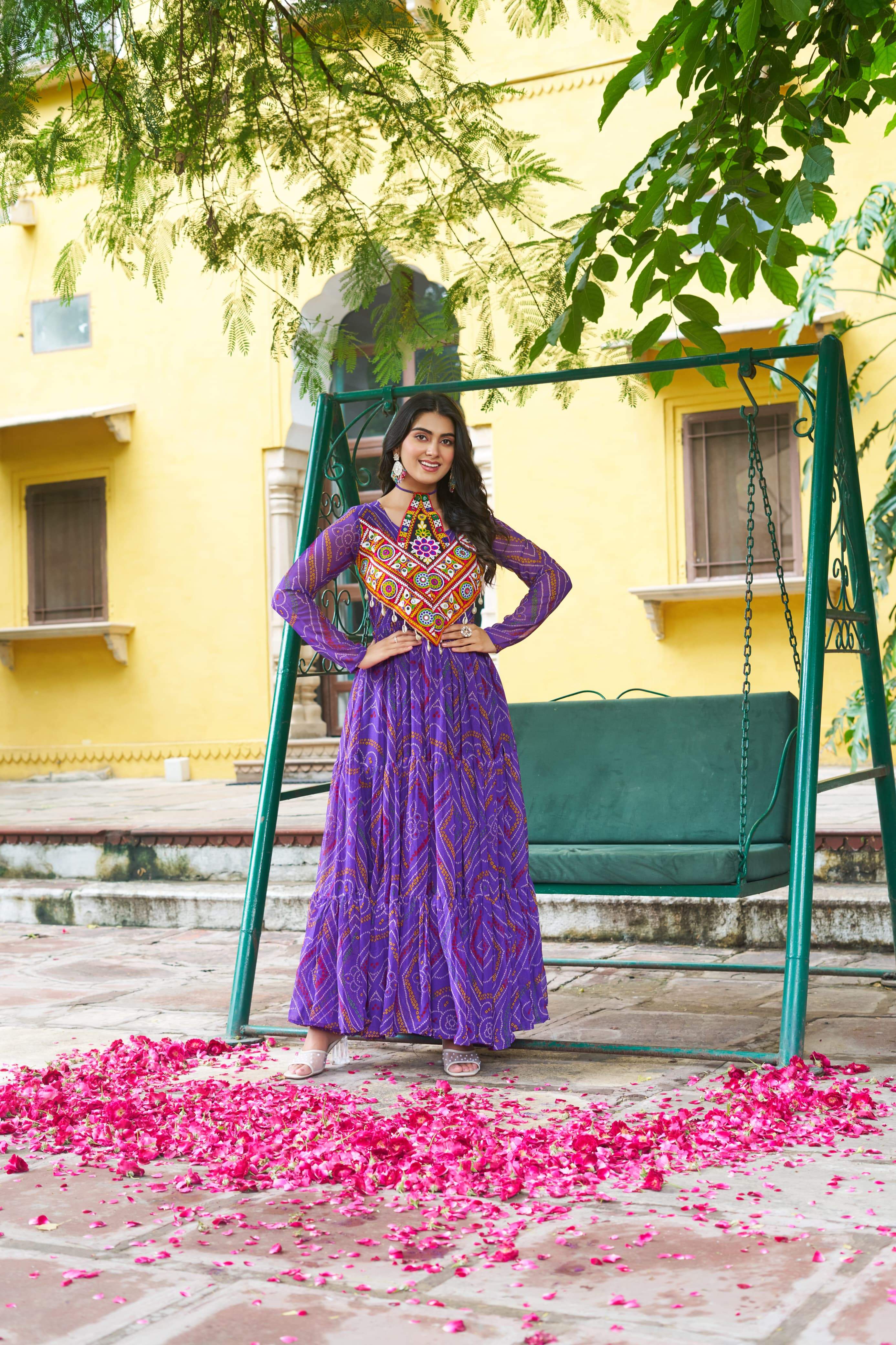 Pretty Pink Georgette Kutchi Work Gown For Navratri