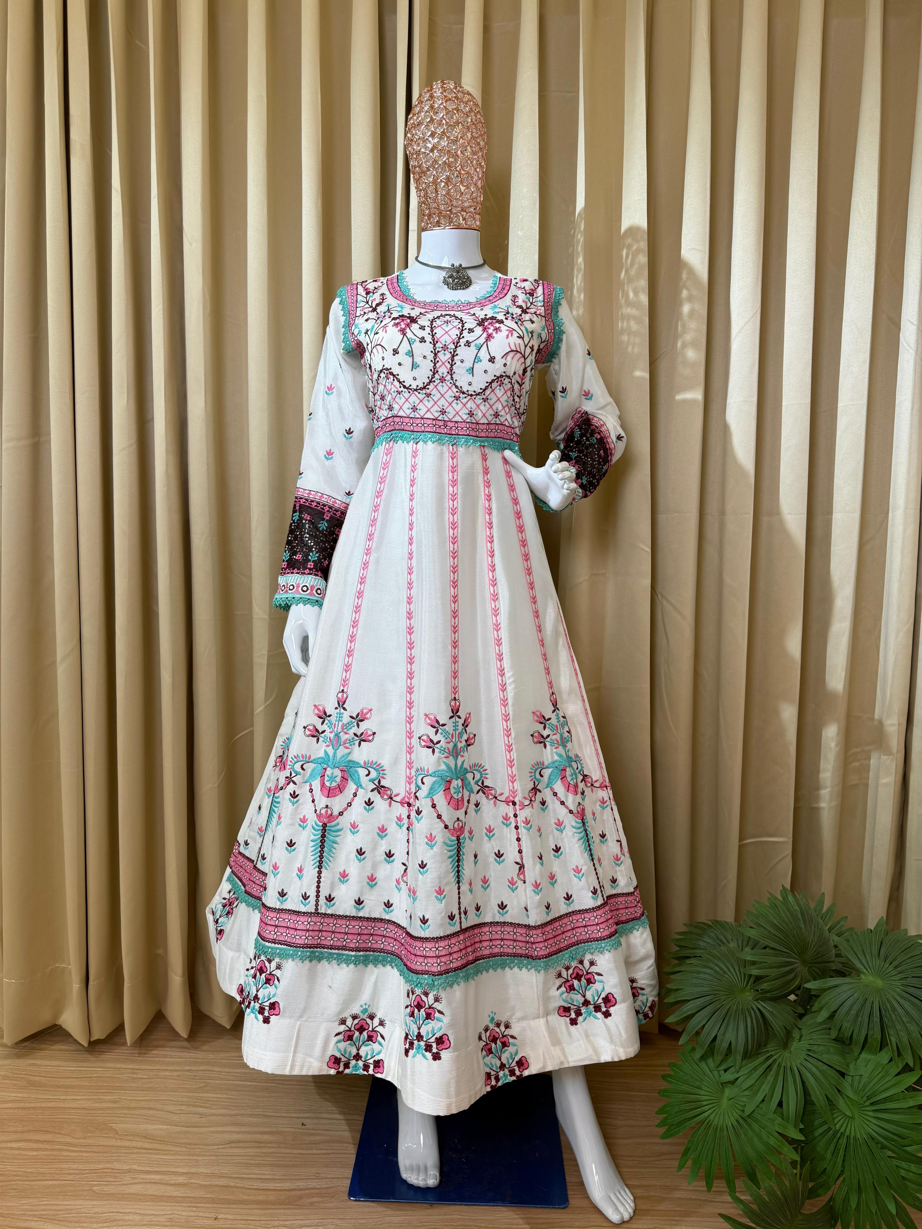 Beautiful White Color Chinon Embroidery Work Gown