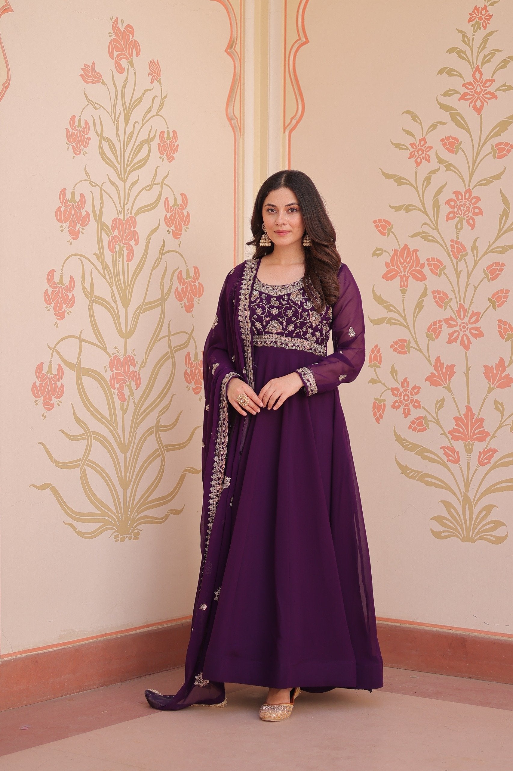 Awesome Red Color Beads With Embroidery Work Gown