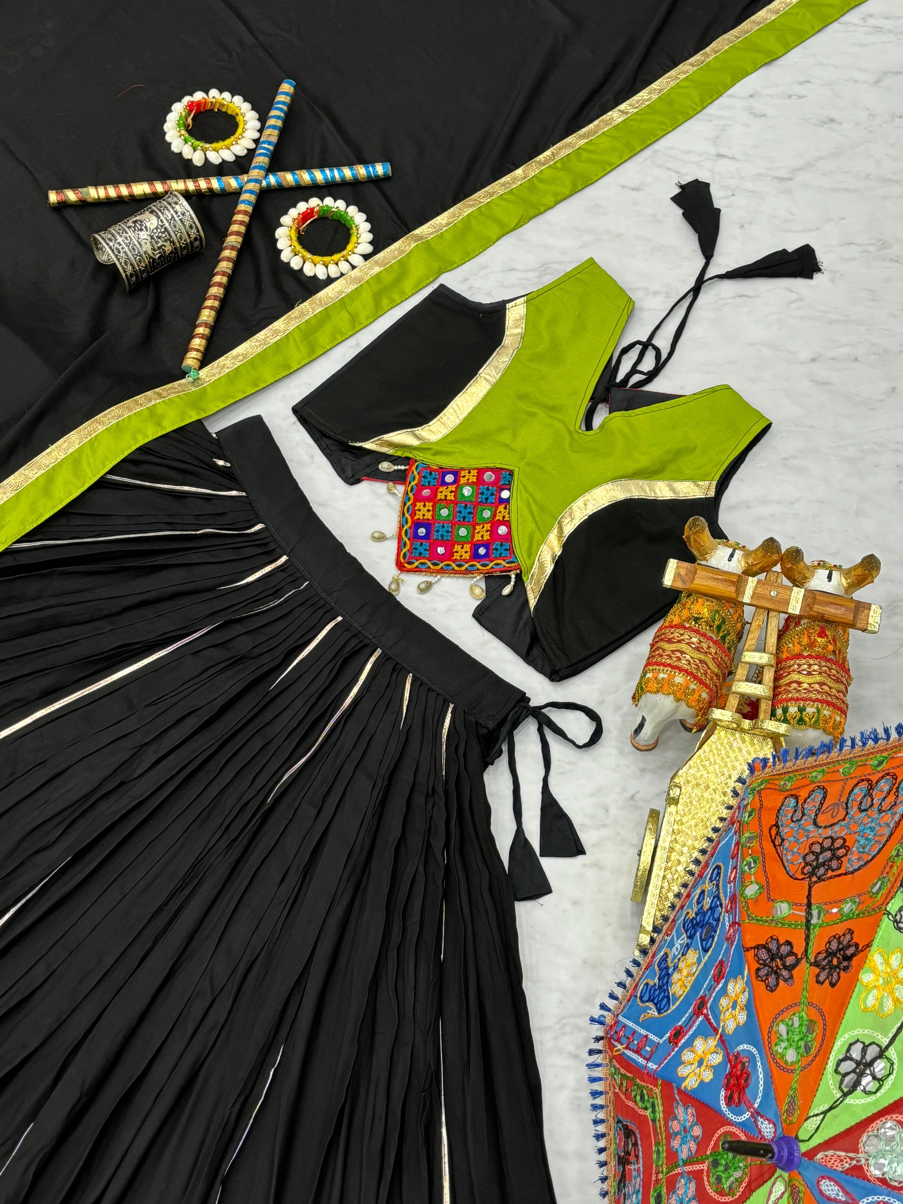 Navratri Wear Black Cotton Gamthi Work Lehenga Choli