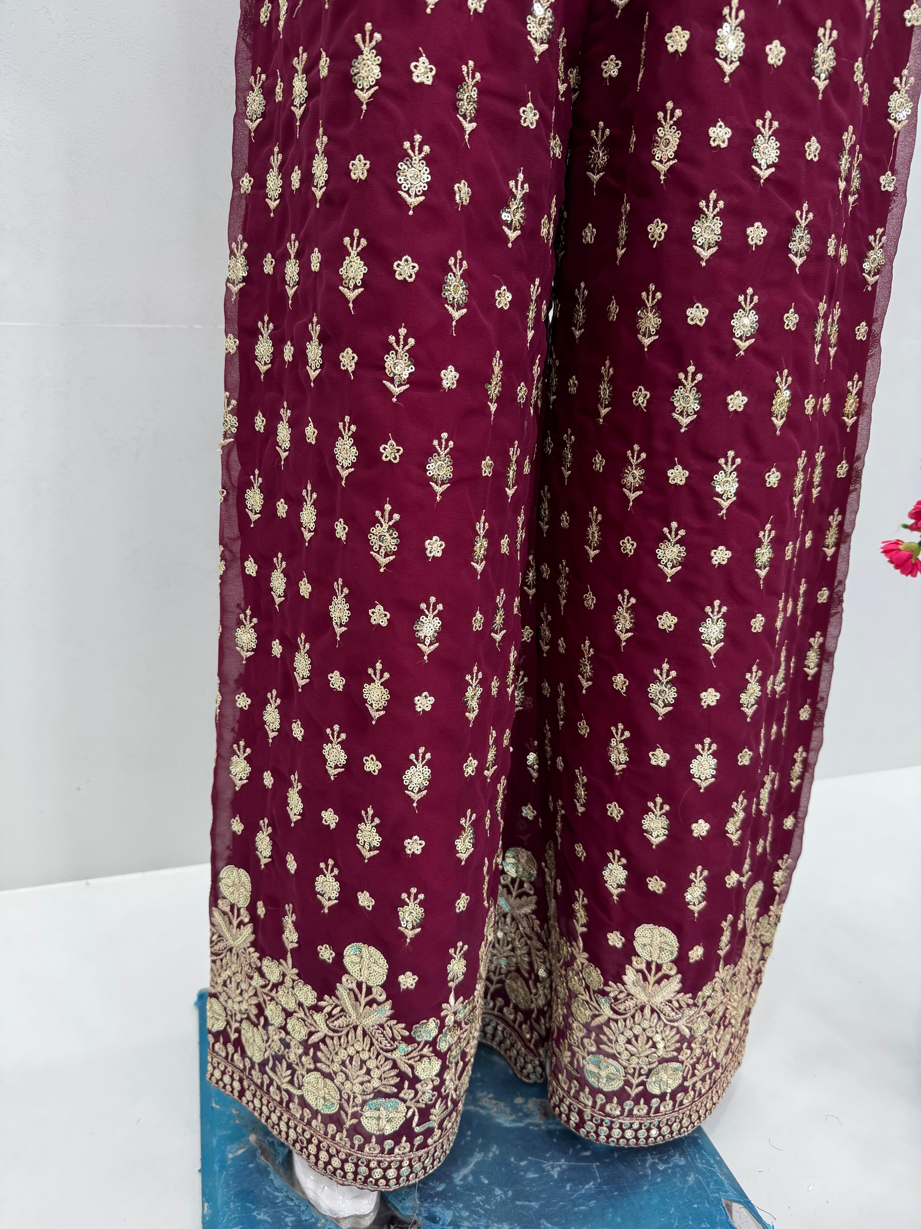 Elegant Fox Georgette Embroidery Work Maroon color KOTI BLOUSE SUIT SET